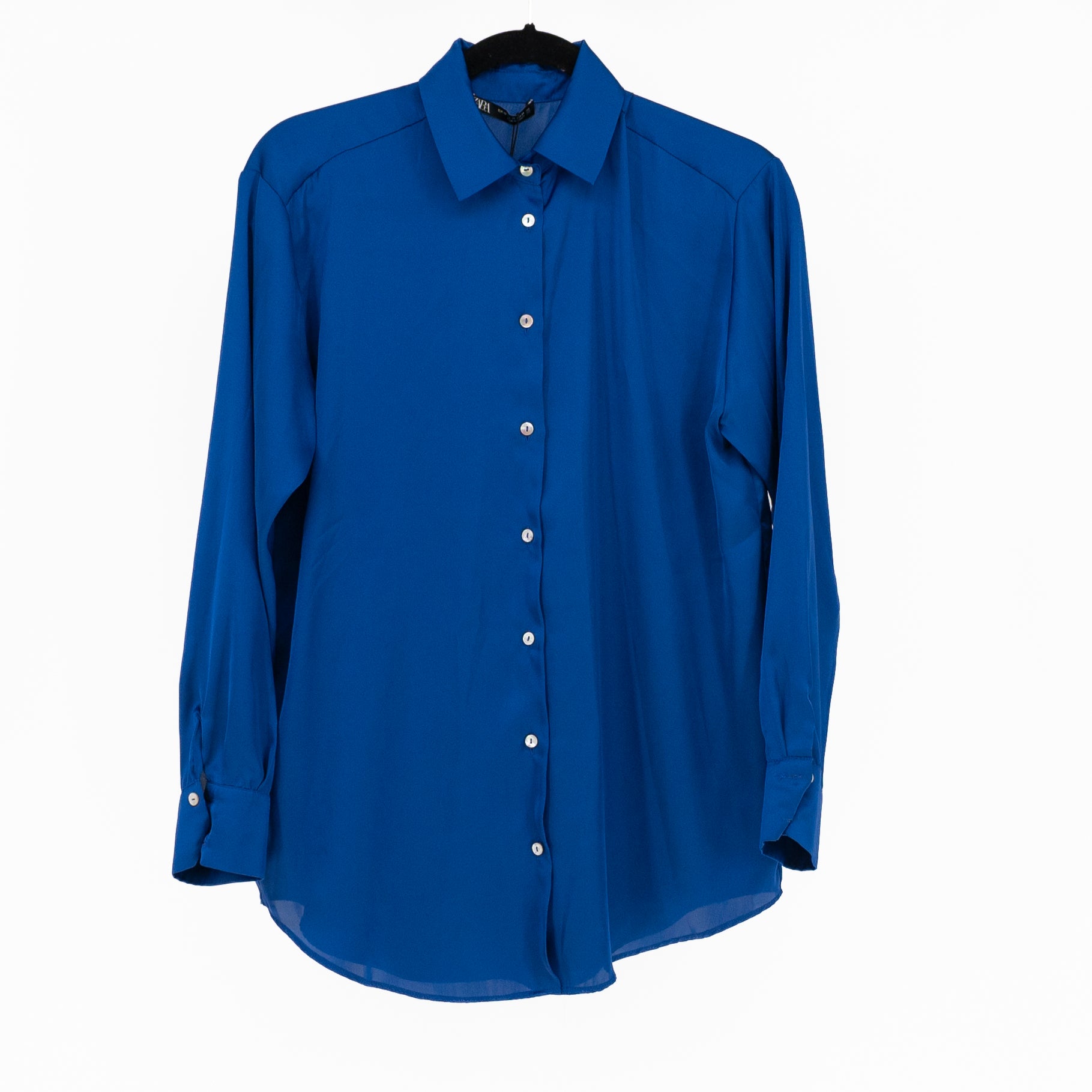 NEW Zara Satin Collared Long Sleeve Button Down Blouse Shirt Cobalt Blue XS