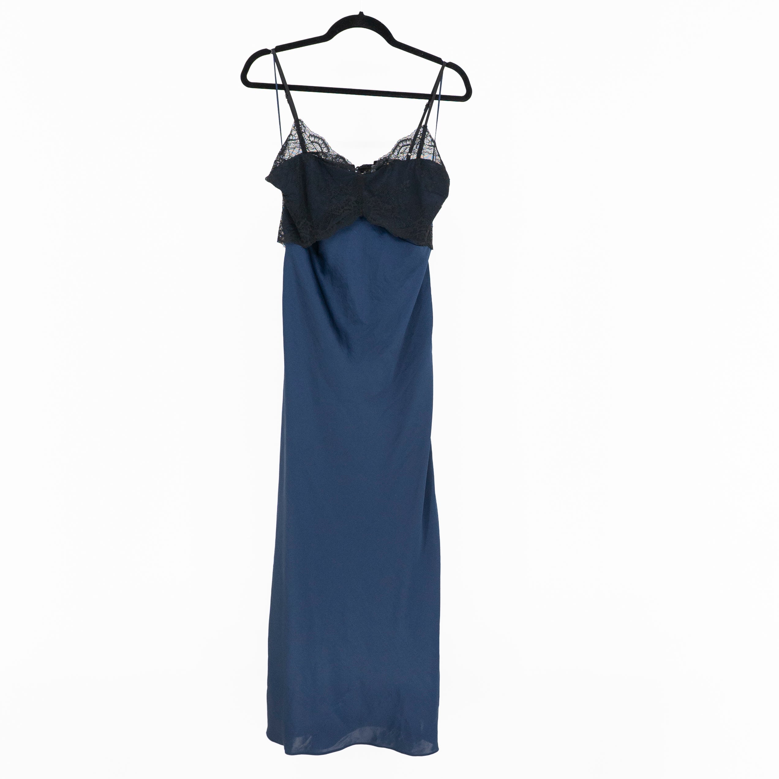 Abercrombie & Fitch Satin Sheer Lace Applique Midi Slip Dress Blue Black M