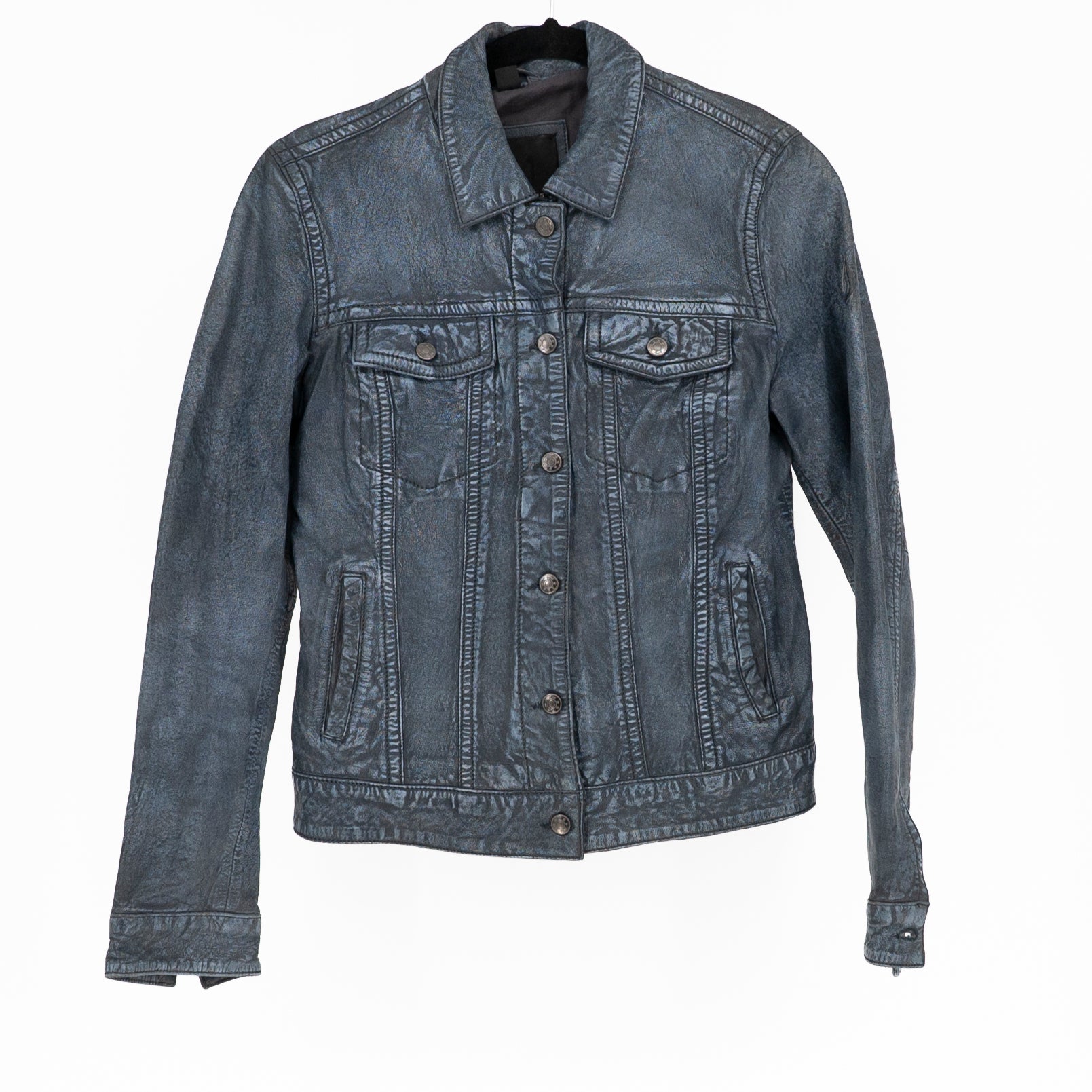 Mauritius Genuine Leather Collared Full Zip Moto Jacket Distressed Blue 8