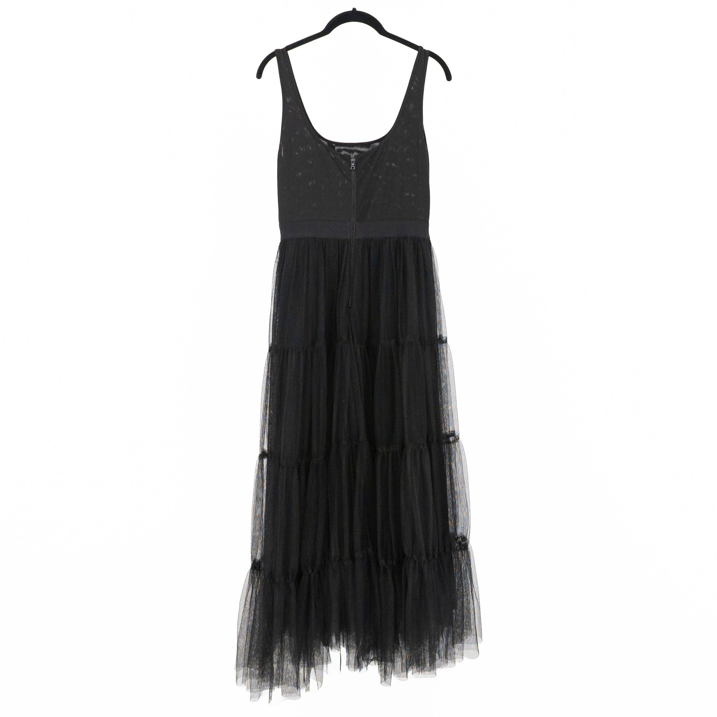 Alice And Olivia Tulle Mesh Scoop Neck Tack Tiered Maxi Long Dress Black 6