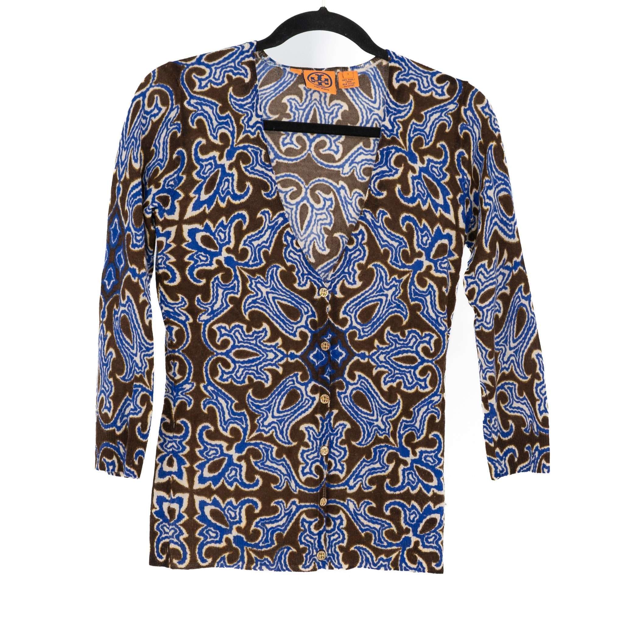 Tory Burch Wool Knit V Neck Button Front Cardigan Sweater Abstract Print Small