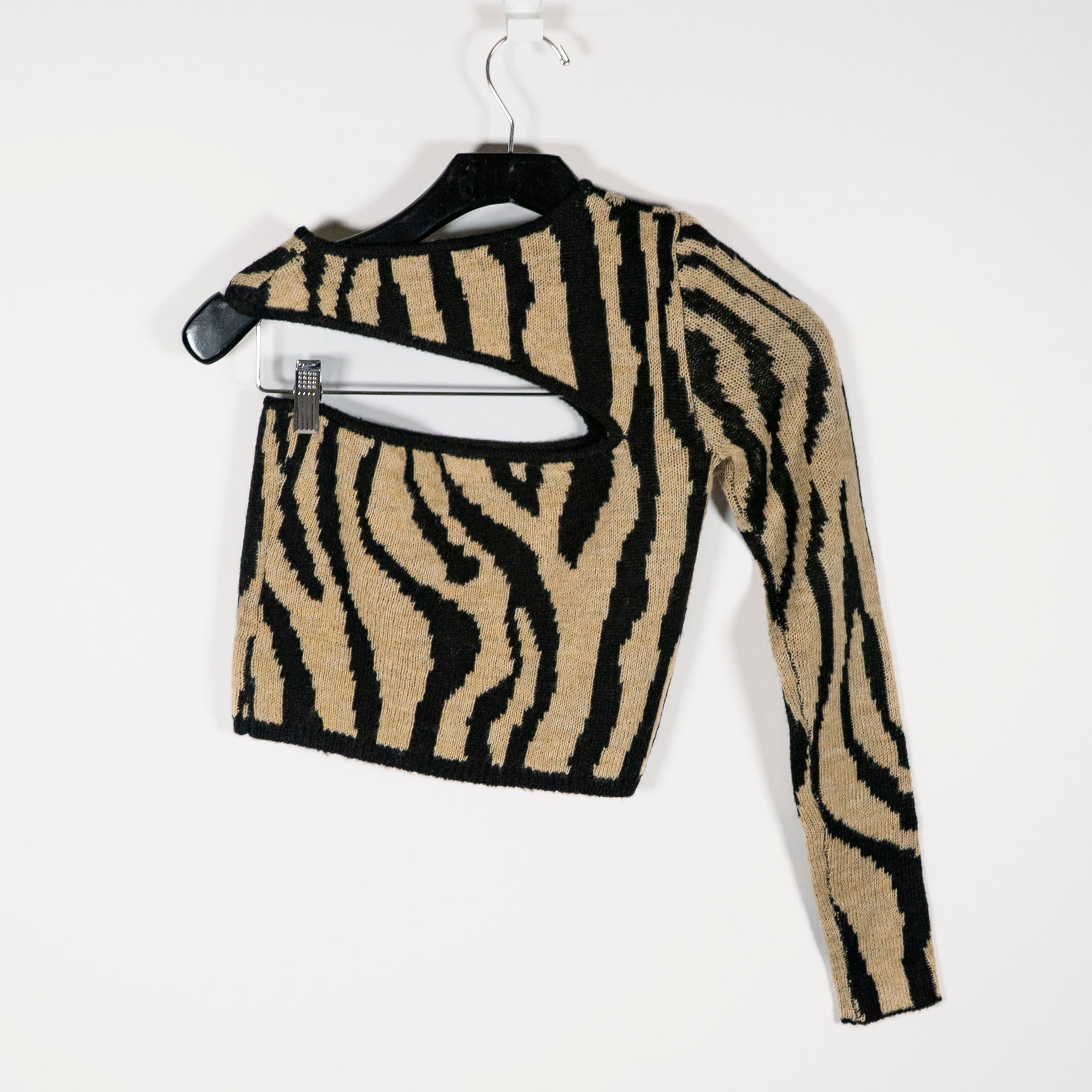 NBD Olivia Wool Blend Cut Out One Shoulder Zebra Animal Print Pattern Sweater