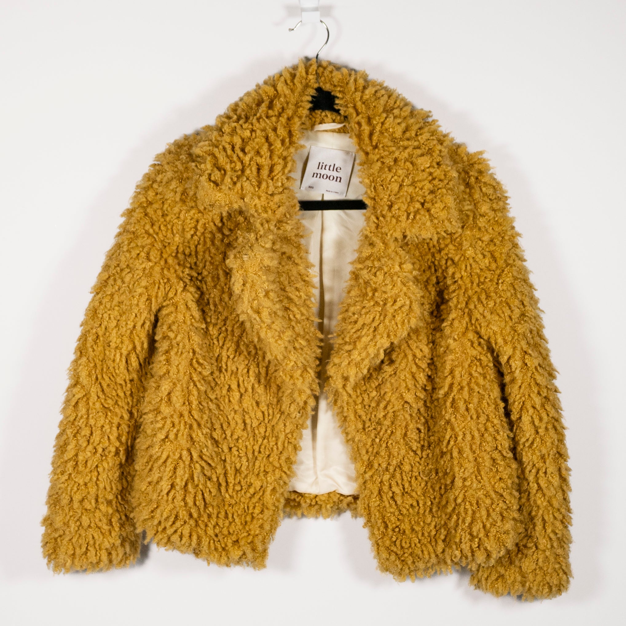 Little Moon Faux Vegan Shaggy Fur Open Front Collared Jacket Yellow XXS