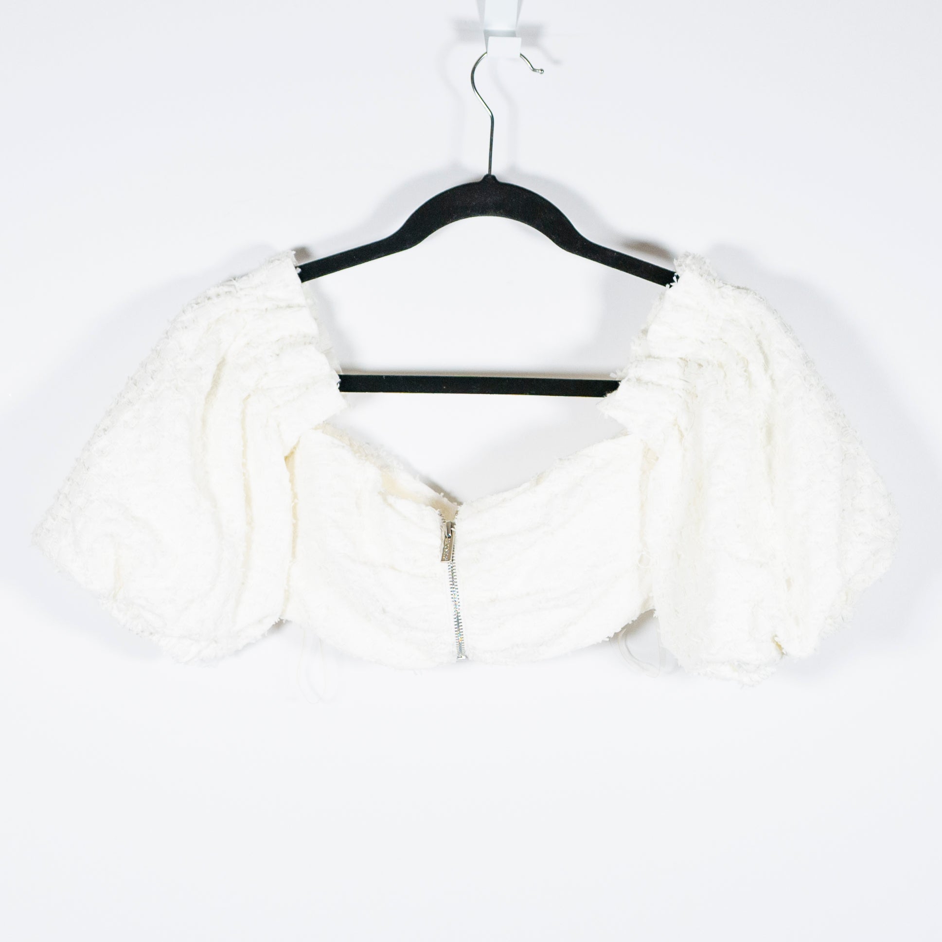 House Of CB Sorelle Woven Tweed Textured Off The Shoulder Crop Top White XS