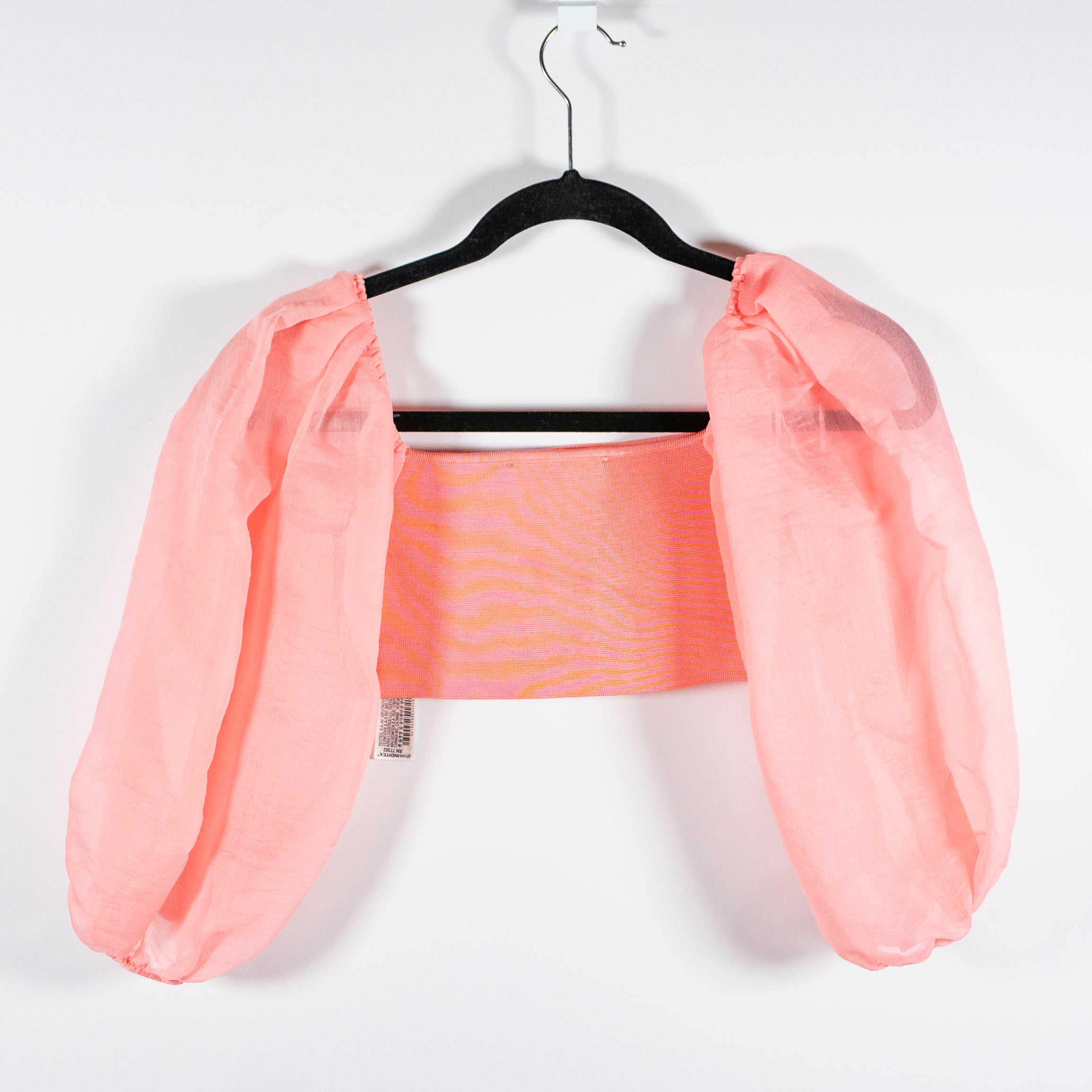 Zara Square Neck Semi Sheer Mesh Puff Long Sleeve Crop Top Sweater Pink Small