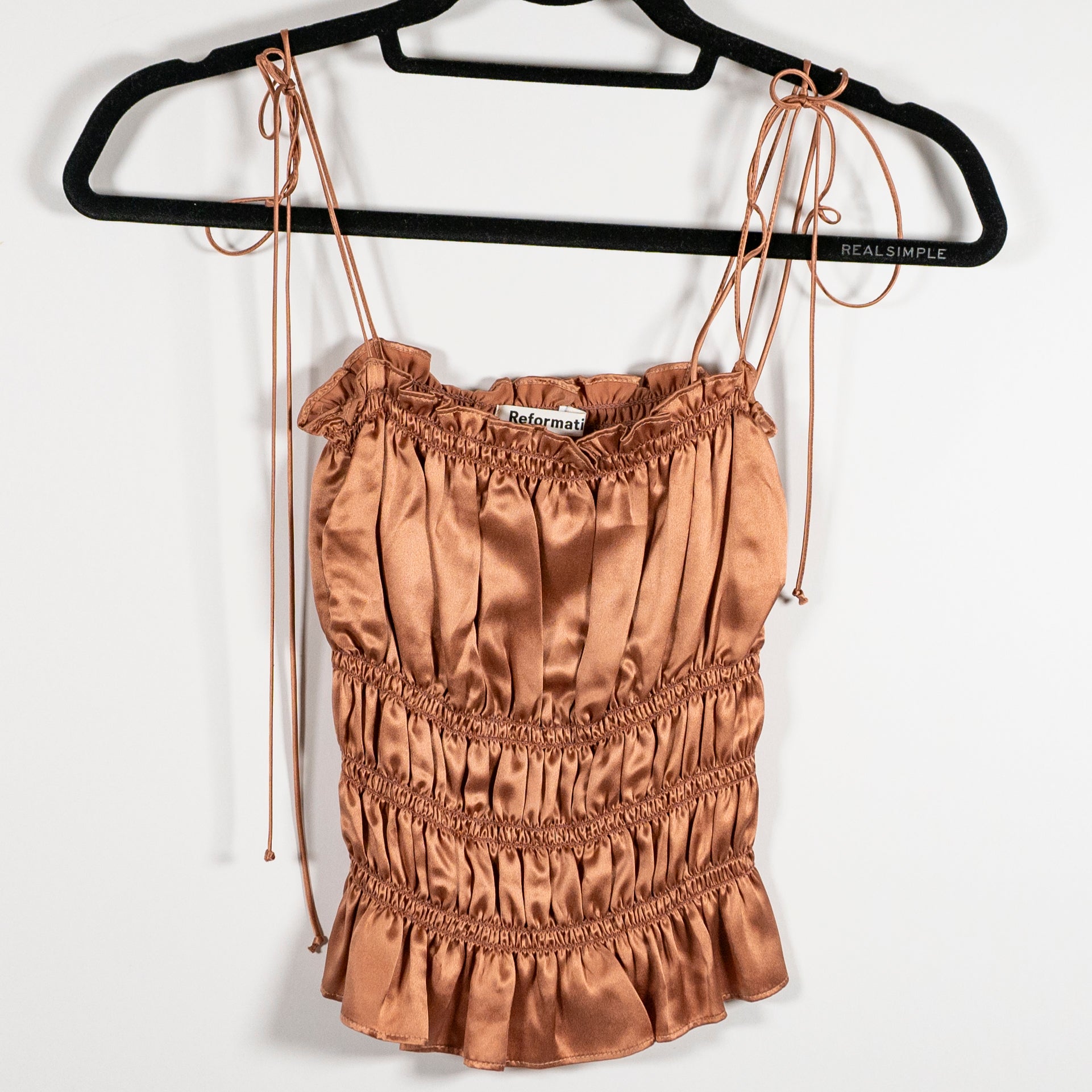 Reformation Viviana Ruched Cinched Silk Satin Tie Shoulder Tank Top Copper XS