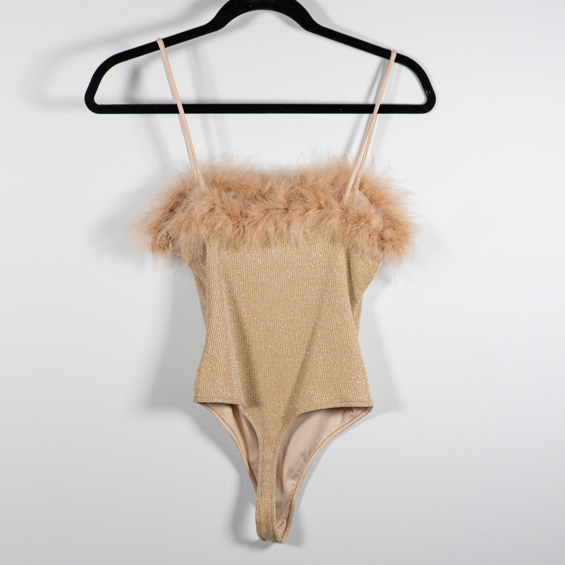 Lovers + Friends Lana Metallic Nude Shimmer Sparkle Ribbed Feather Trim Bodysuit