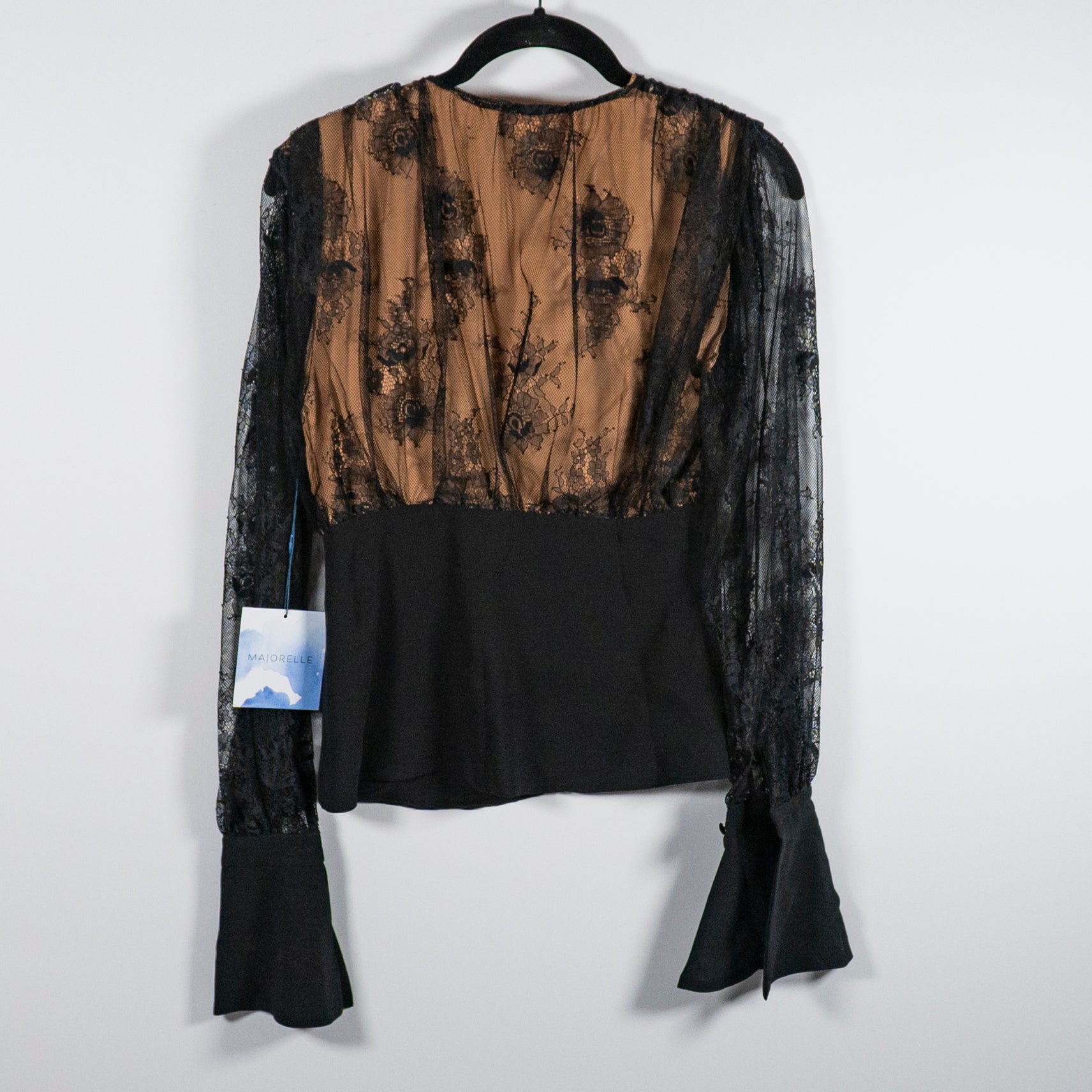 NEW Majorelle Bell Long Sleeve Lace Panel Deep V Neck Blouse Shirt Black Nude
