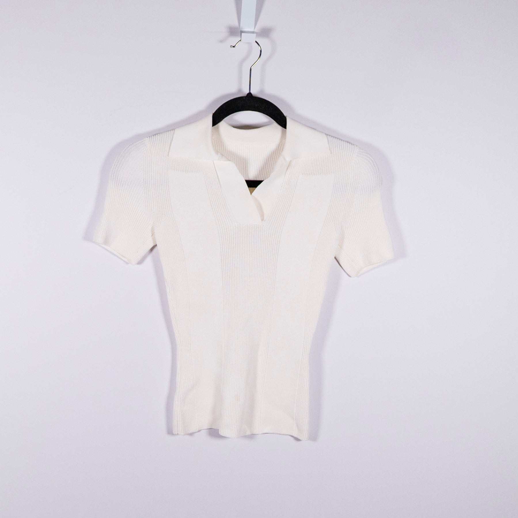 Jacquemus Ribbed Knit Stretch Open Back Collared Short Sleeve Sweater White XS