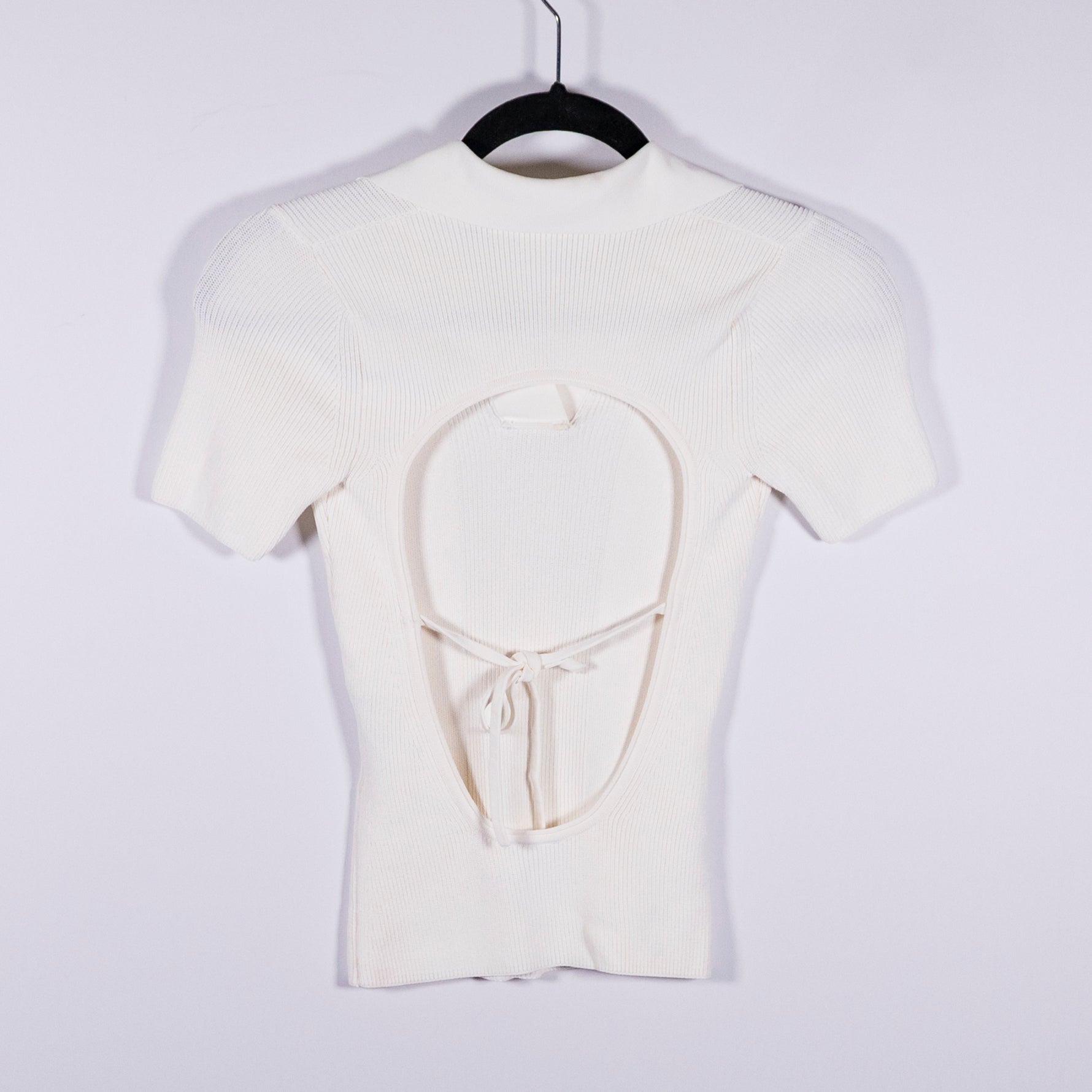 Jacquemus Ribbed Knit Stretch Open Back Collared Short Sleeve Sweater White XS