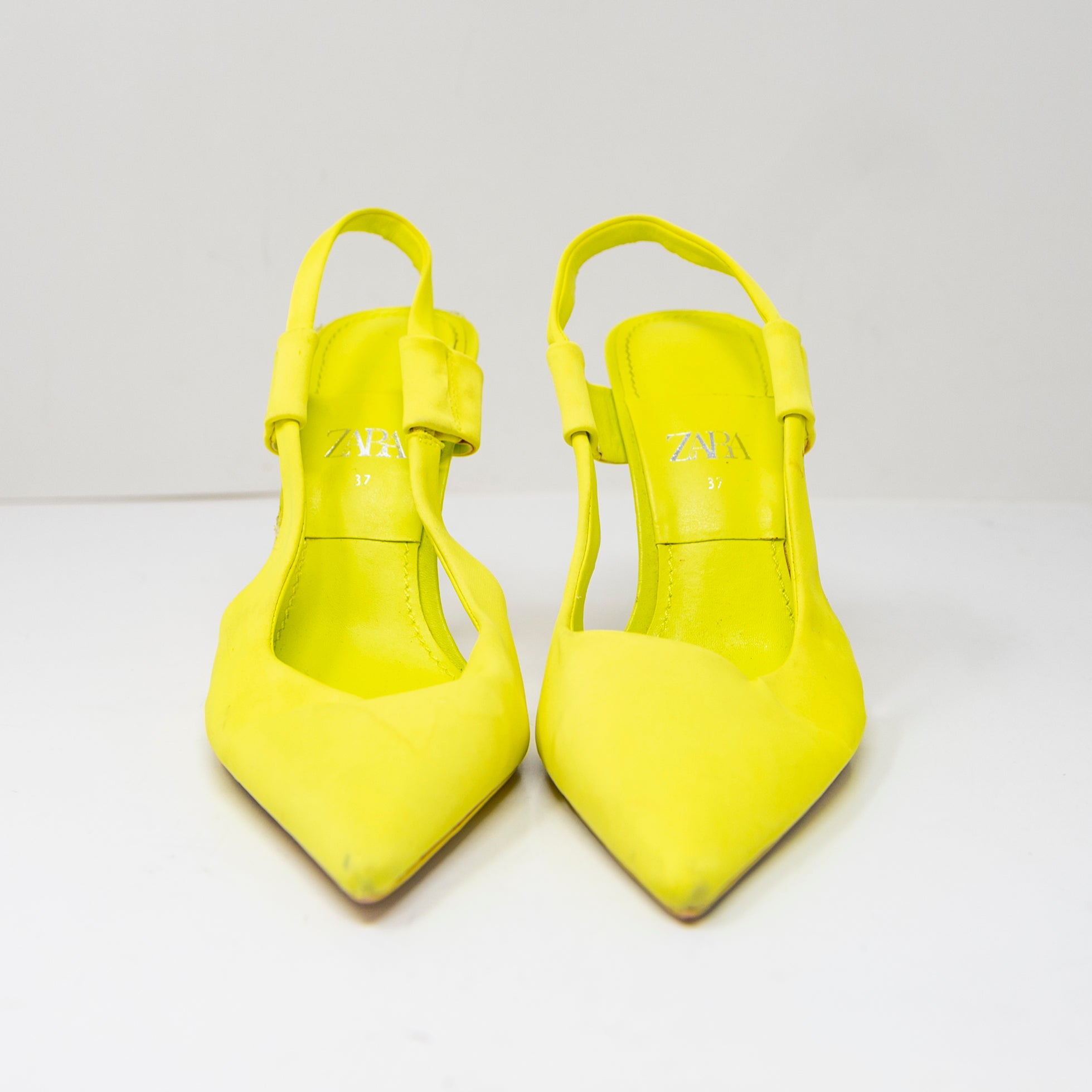 Zara Fabric Wrapped Pointed Toe Slingback High Heels Shoes Neon Yellow 7
