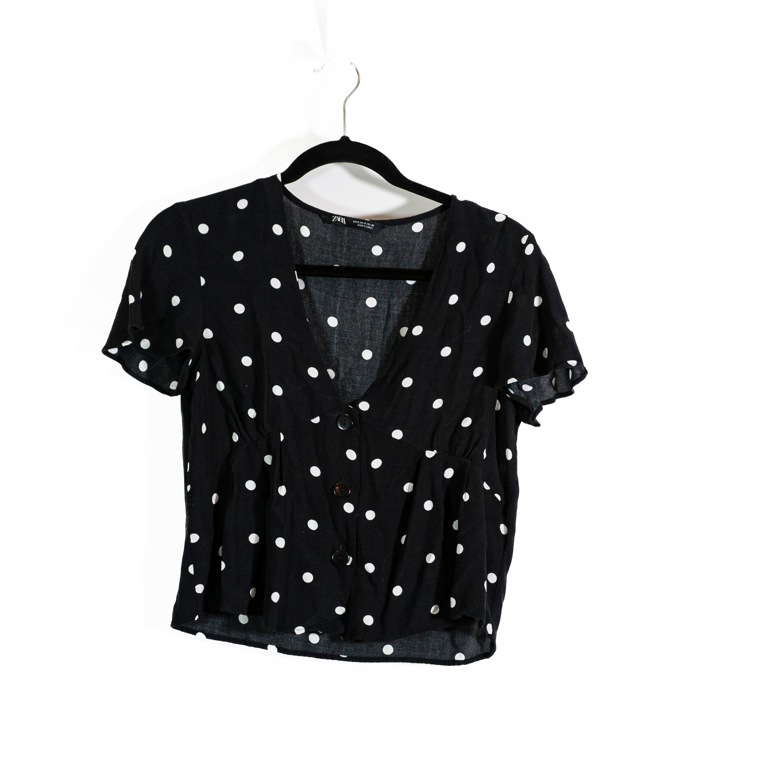 Zara Crepe Chiffon V Neck Button Front Polka Dot Print Pattern Blouse Shirt S