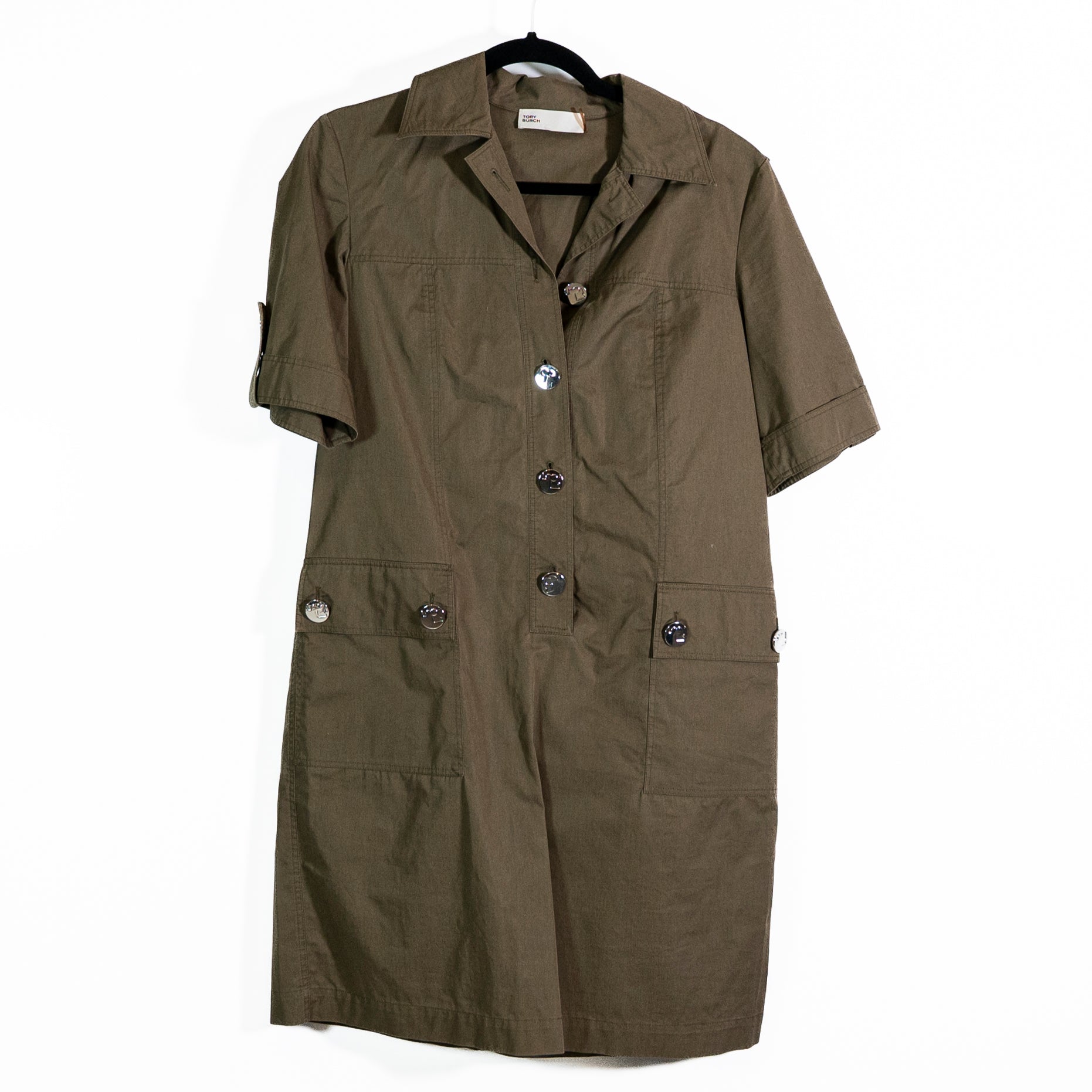 Tory Burch Cotton Poplin Camp Collared Quarter Button Mini Dress Rich Earth 6