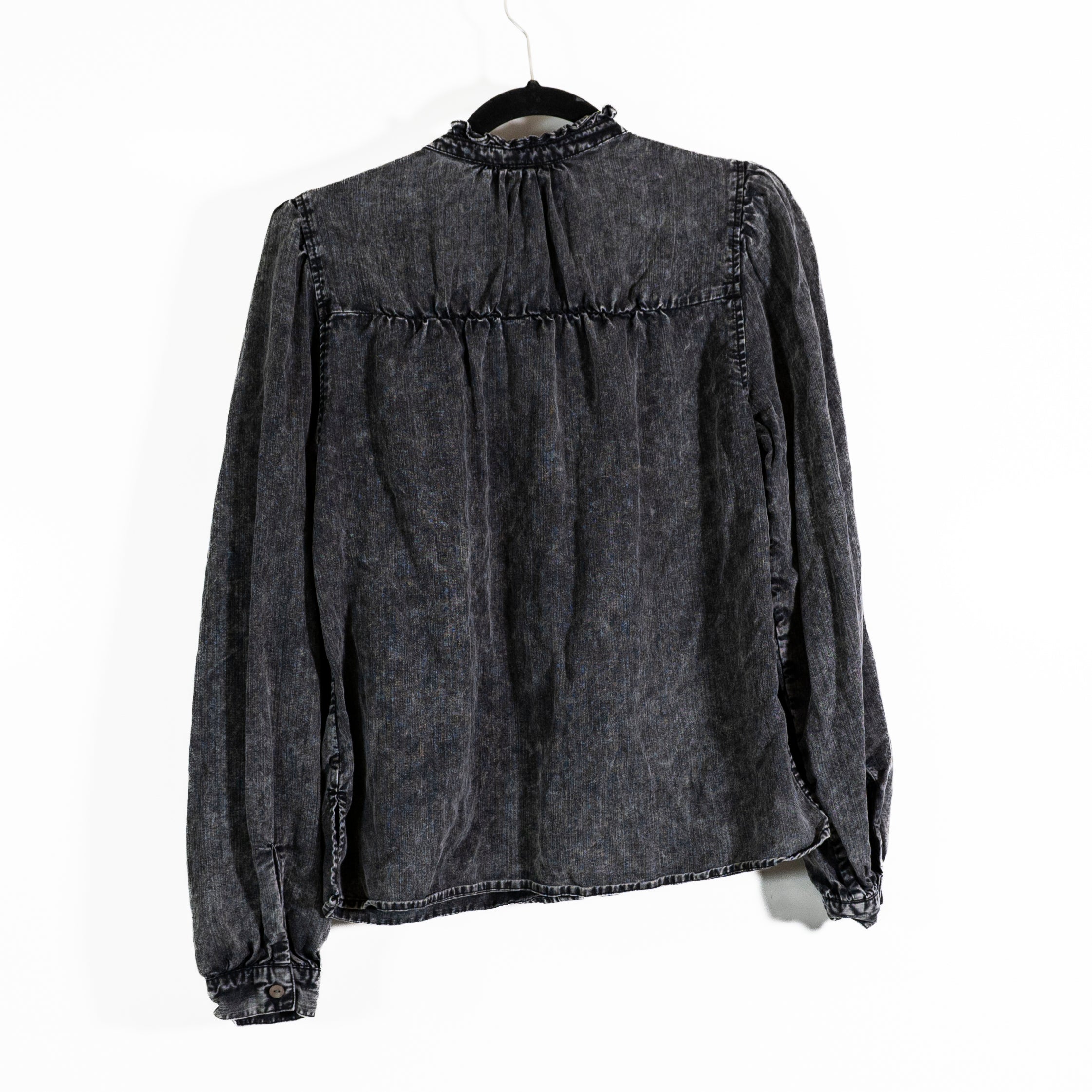 Rails Camille Linen Blend Denim Button Up Ruffle Collar Blouse Black Acid Wash M
