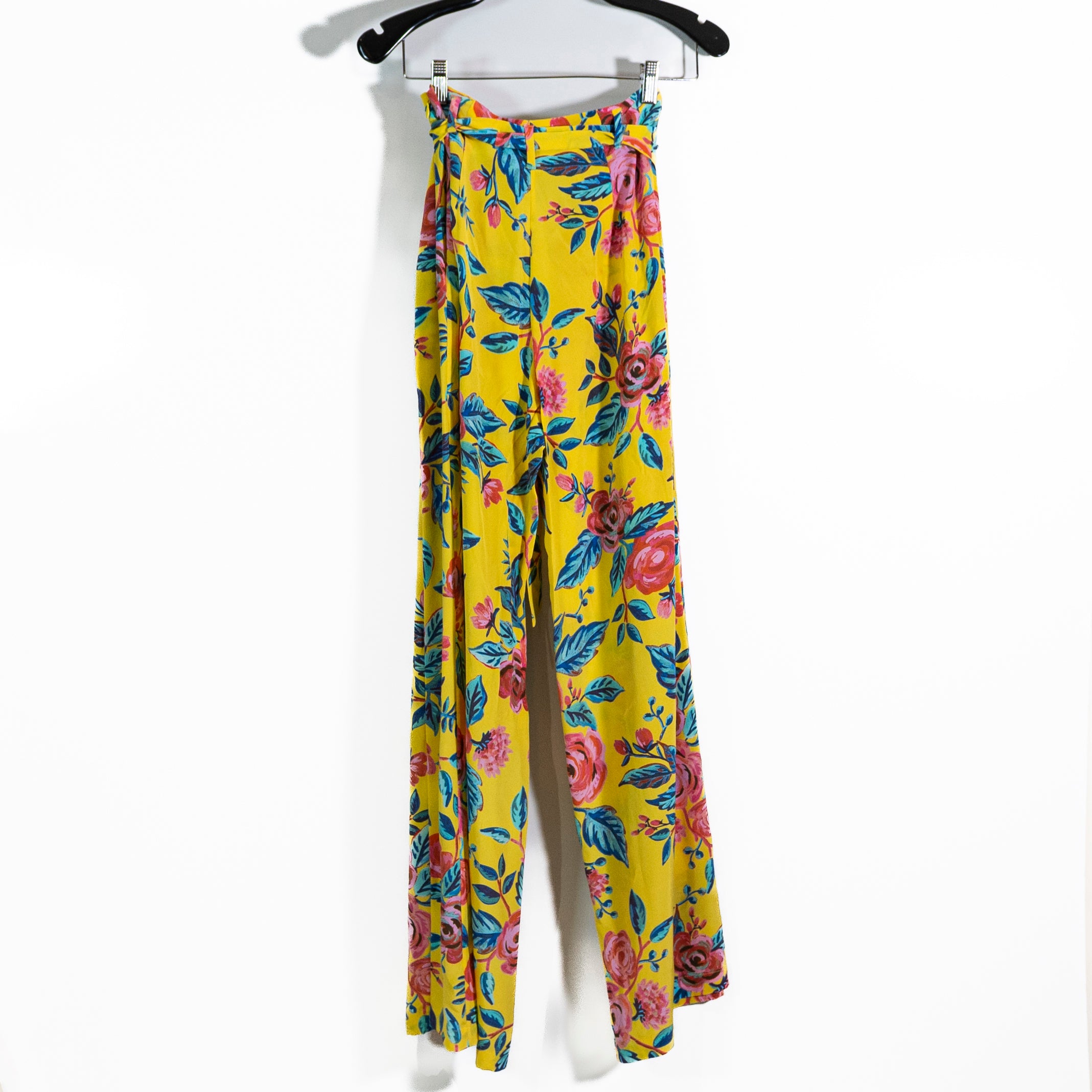 We Are Leone Silk Chiffon Yellow Floral Flower Print Pattern Straight Leg Pants