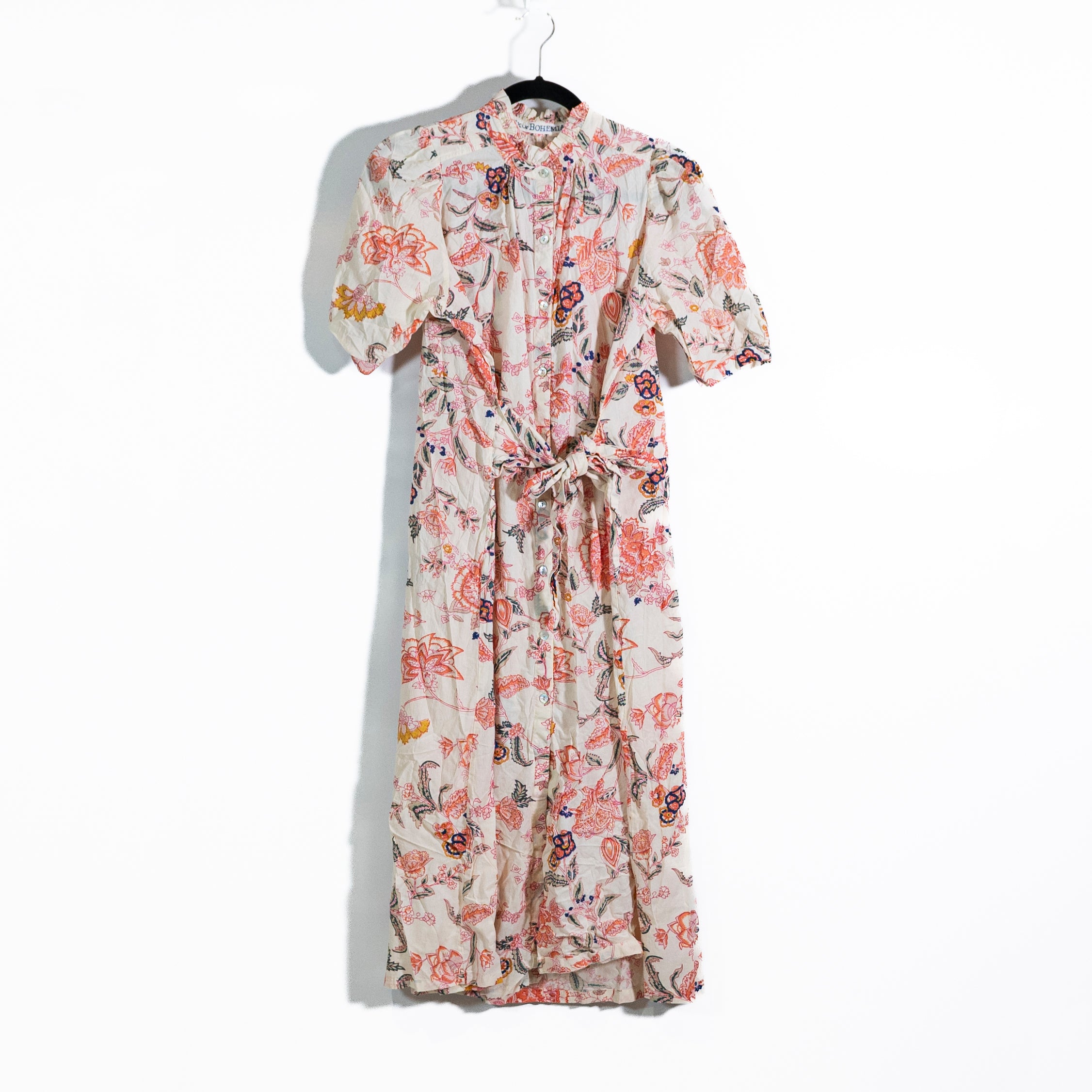 Alix Of Bohemia Cotton Ruffle Collar Tie Waist Button Front Printed Midi Dress S