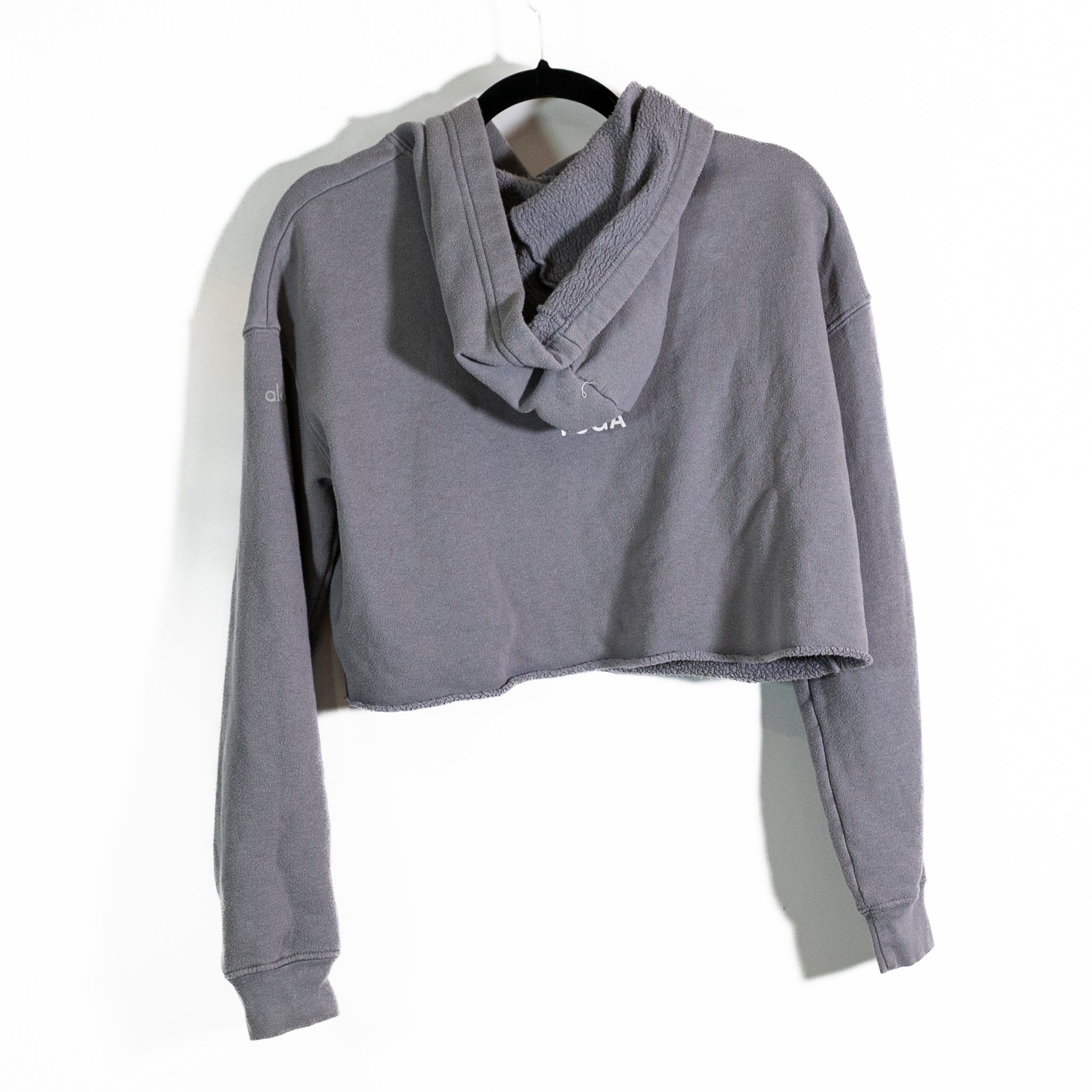 Alo Yoga Women's Cotton Blend Terry Lined Cropped Hoodie Sweatshirt Sweater Gray