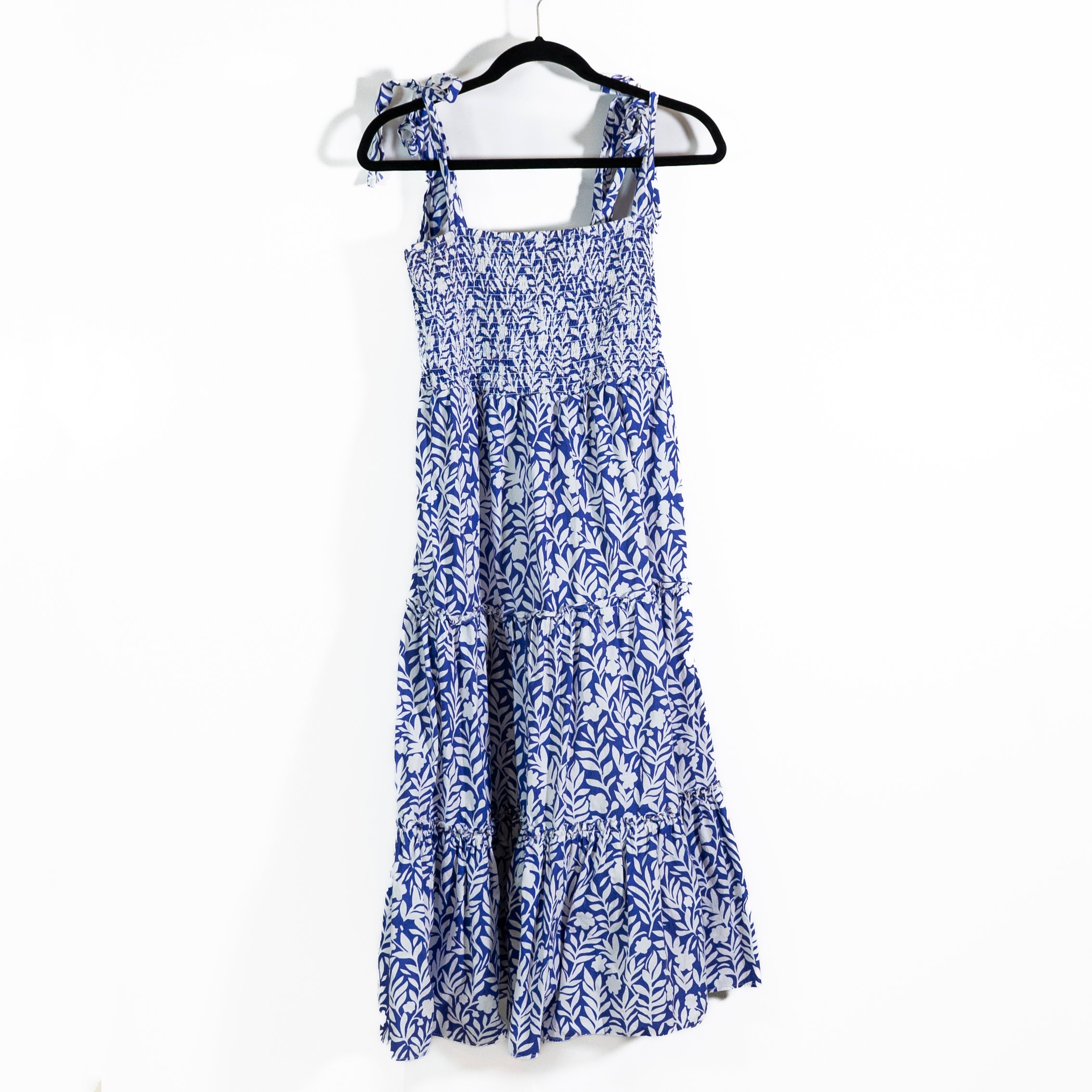 Sail To Sable Cotton Smocked Bodice Tiered Pullover Blue White Floral Maxi Dress
