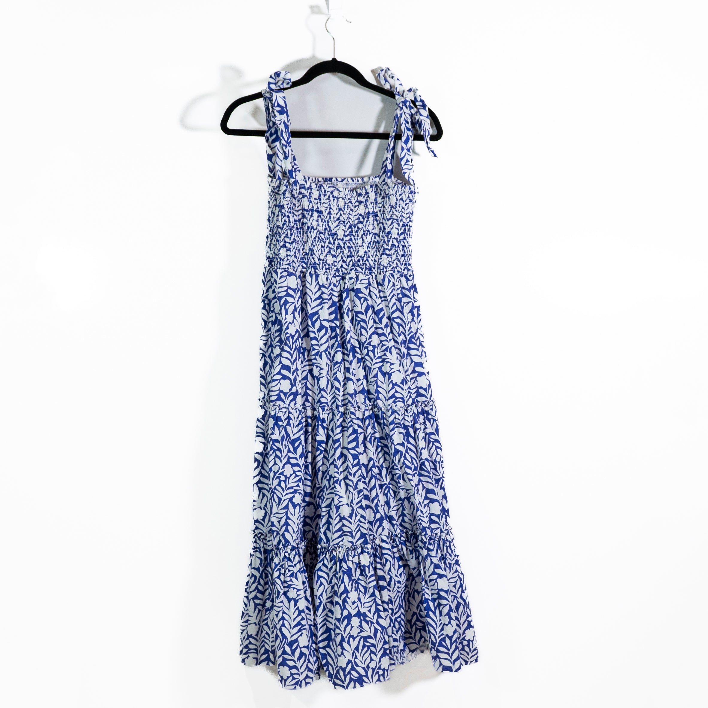 Sail To Sable Cotton Smocked Bodice Tiered Pullover Blue White Floral Maxi Dress