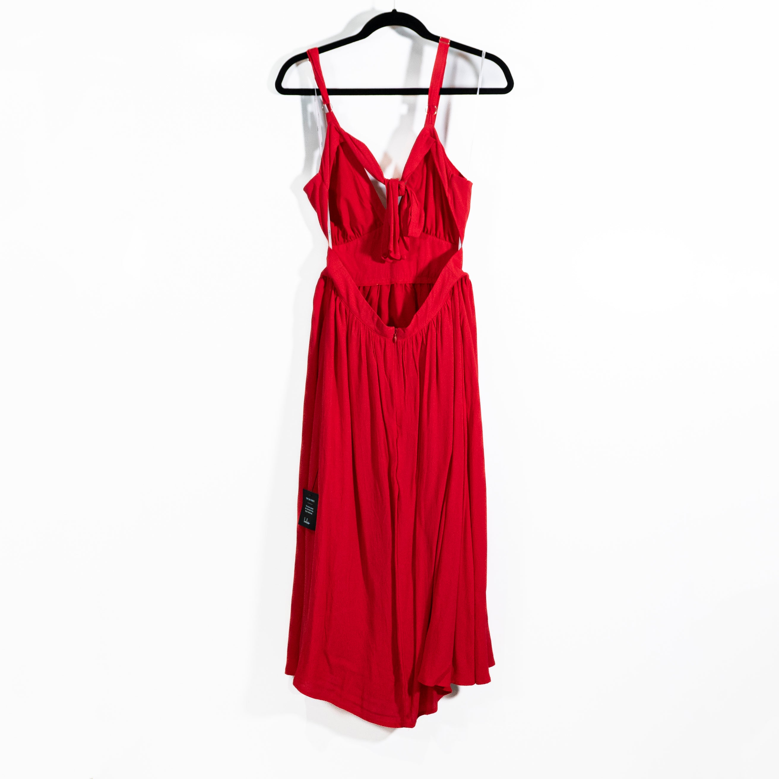 NEW Lulus Bold New Look Bright Red Tie Back Twirl Midi Dress With Pockets Medium