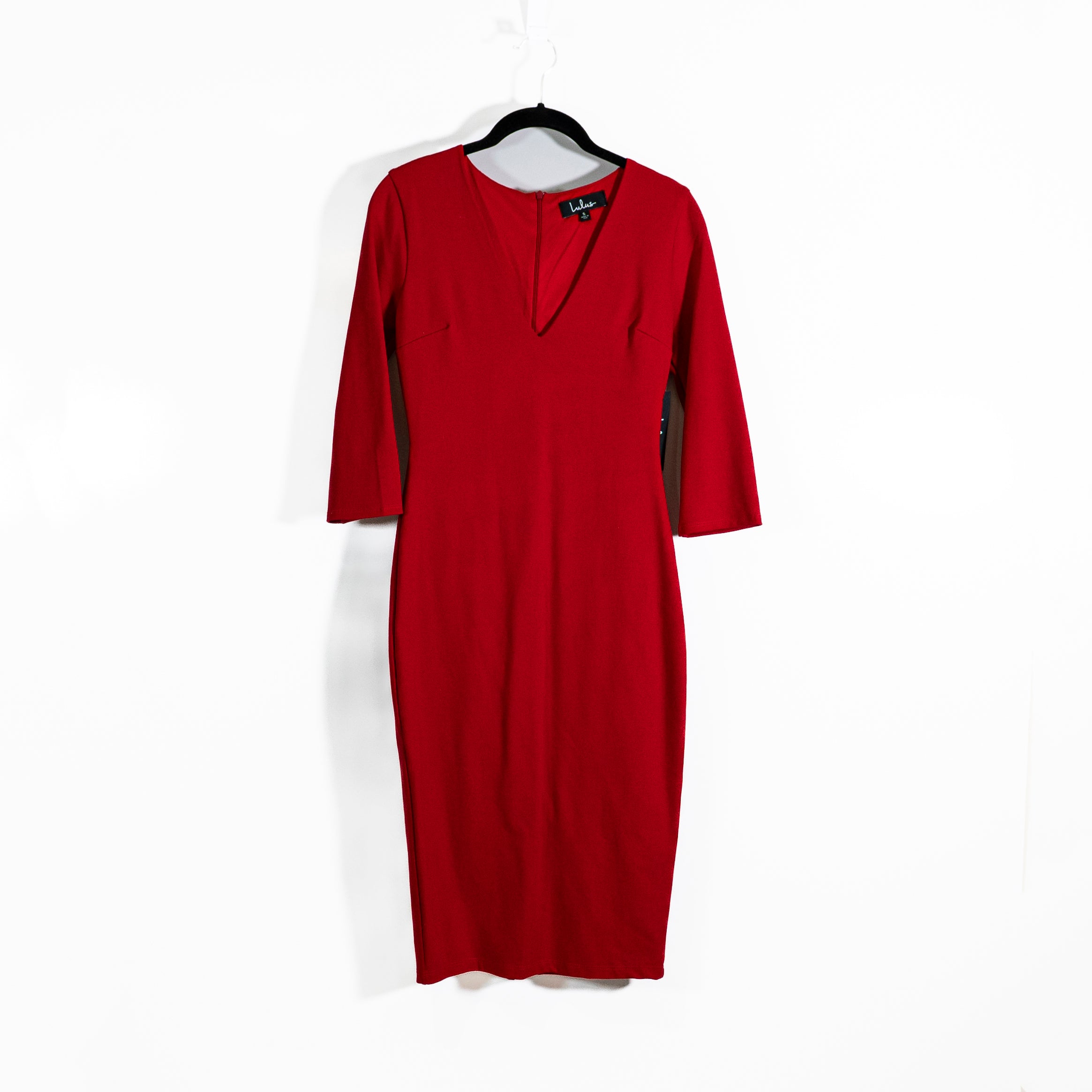 NEW Lulus Chic Red Midi Quarter Sleeve V Neck Bodycon Dress Small