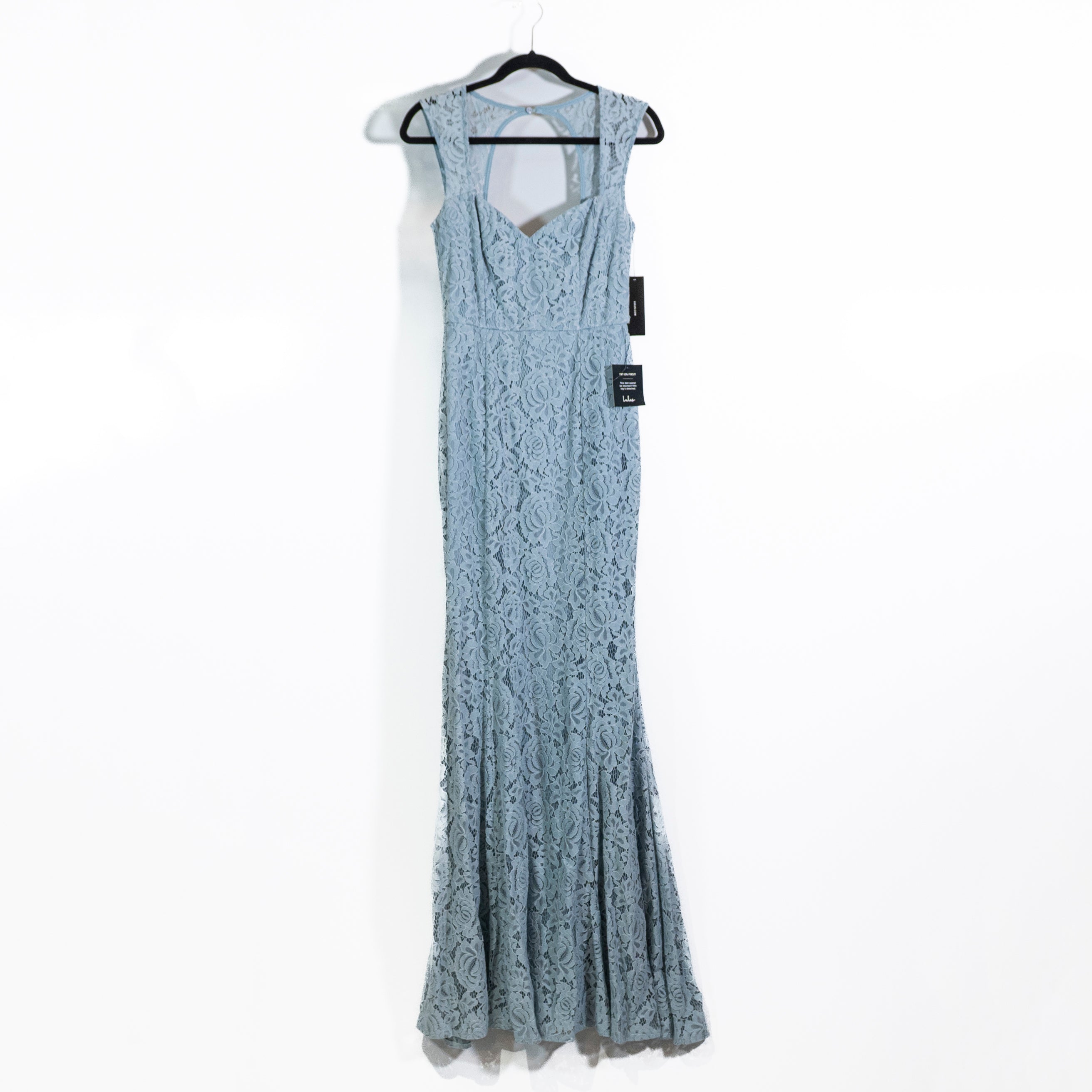 NEW Lulus Rosetta Slate Blue Allover Lace Cut Out Back Maxi Dress Medium