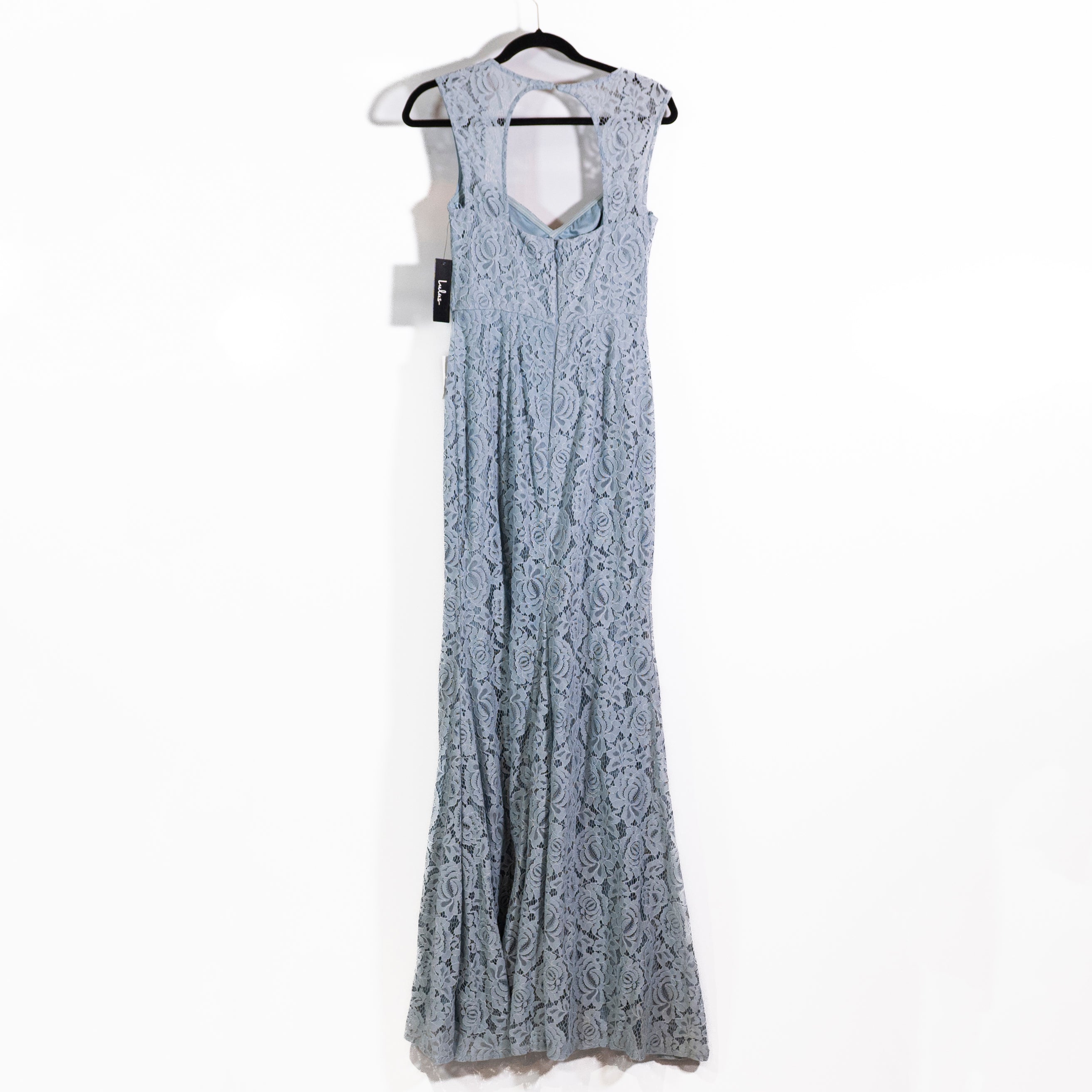 NEW Lulus Rosetta Slate Blue Allover Lace Cut Out Back Maxi Dress Medium