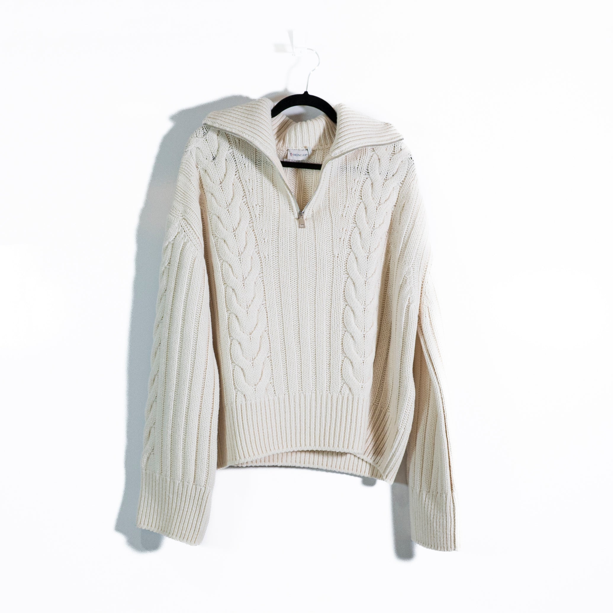 Moncler Women's 100% Cashmere Cable Knit Quarter Zip Spread Collar Sweater Ivory