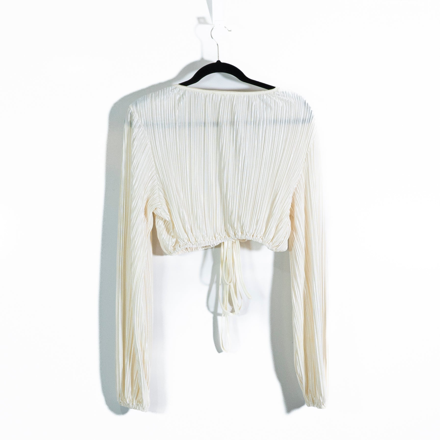Showpo Jondra Ruched Front Long Sleeve Plisse Satin Blouse In Cream 4