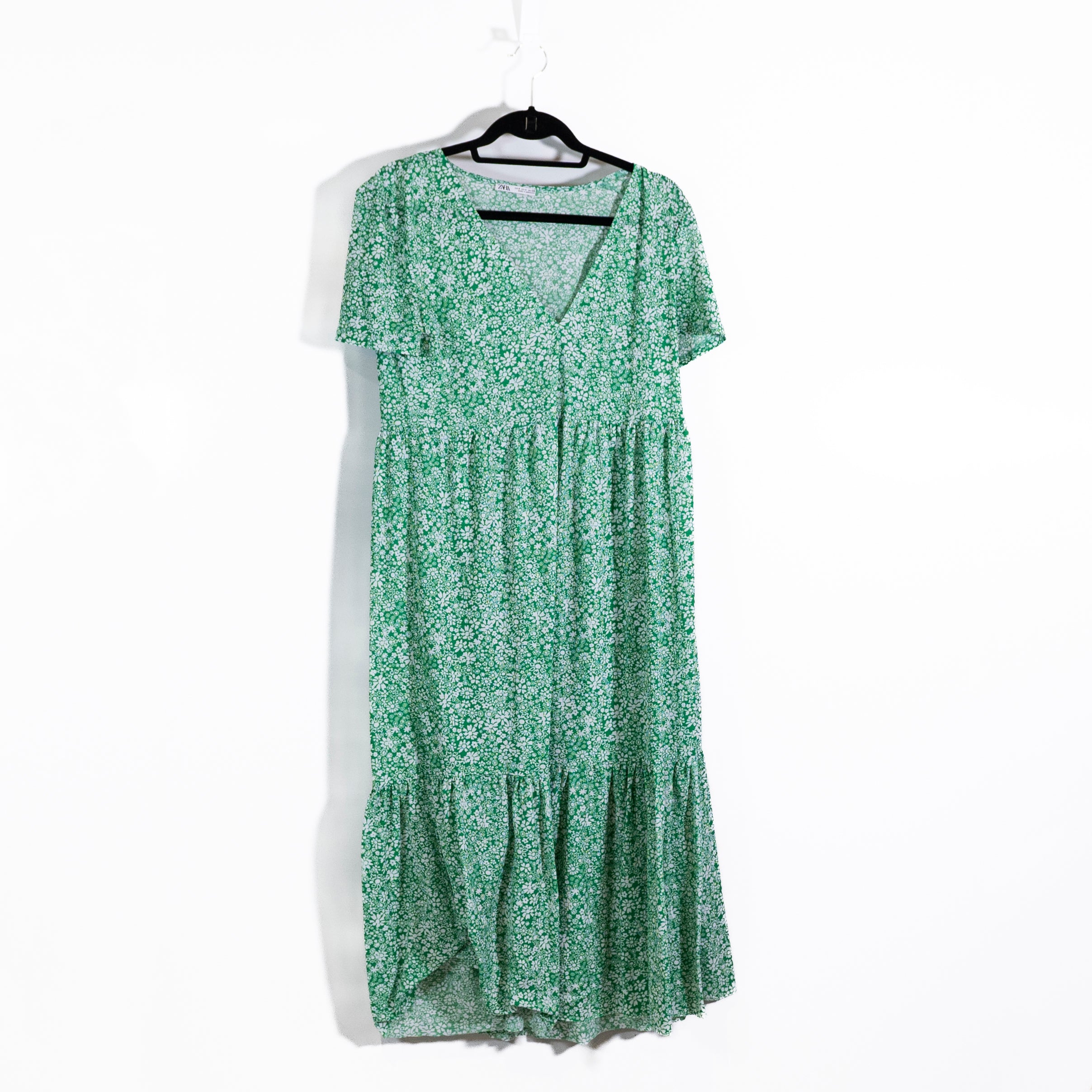 Zara Green White Floral Flower Print Pattern V Neck Tiered Pullover Maxi Dress S