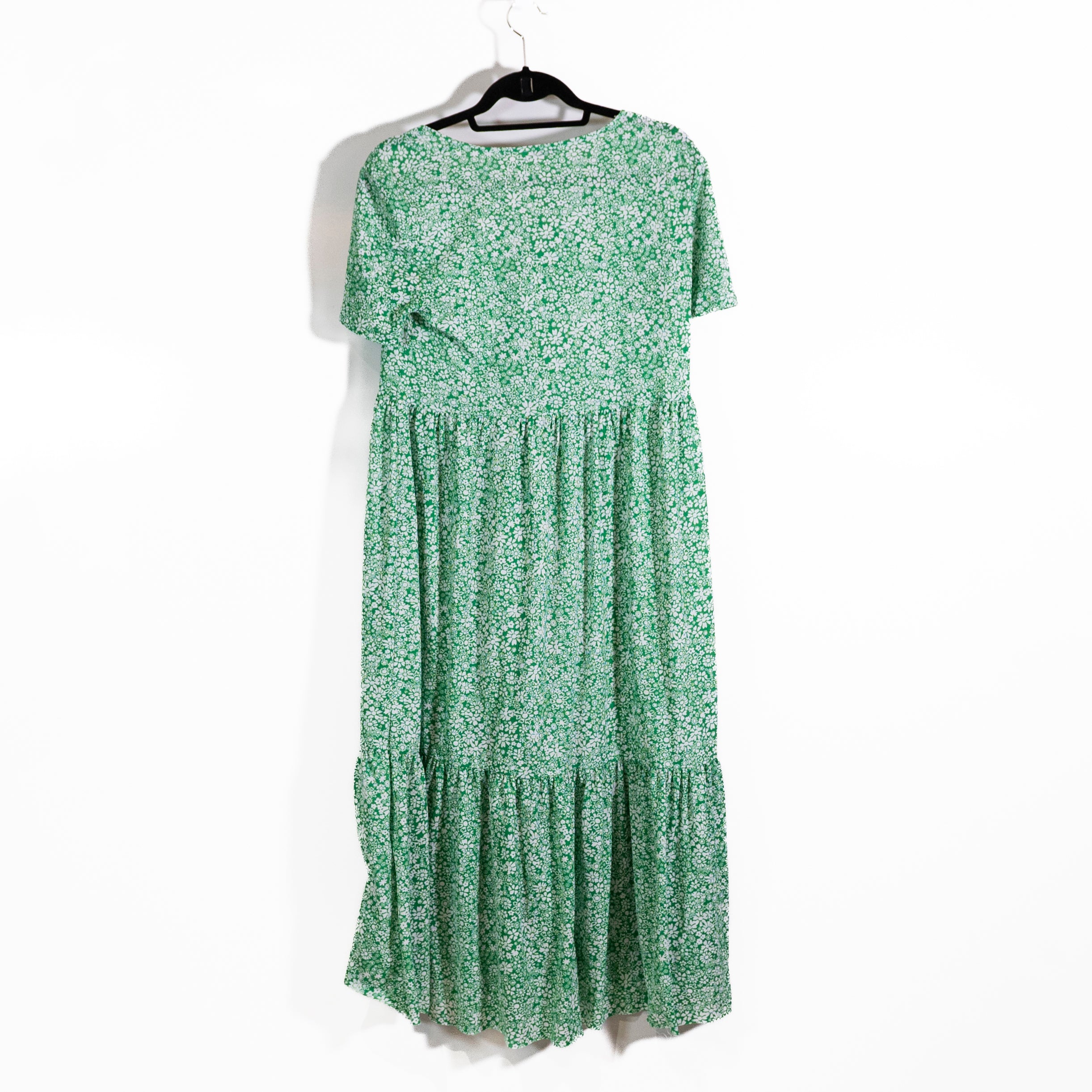 Zara Green White Floral Flower Print Pattern V Neck Tiered Pullover Maxi Dress S