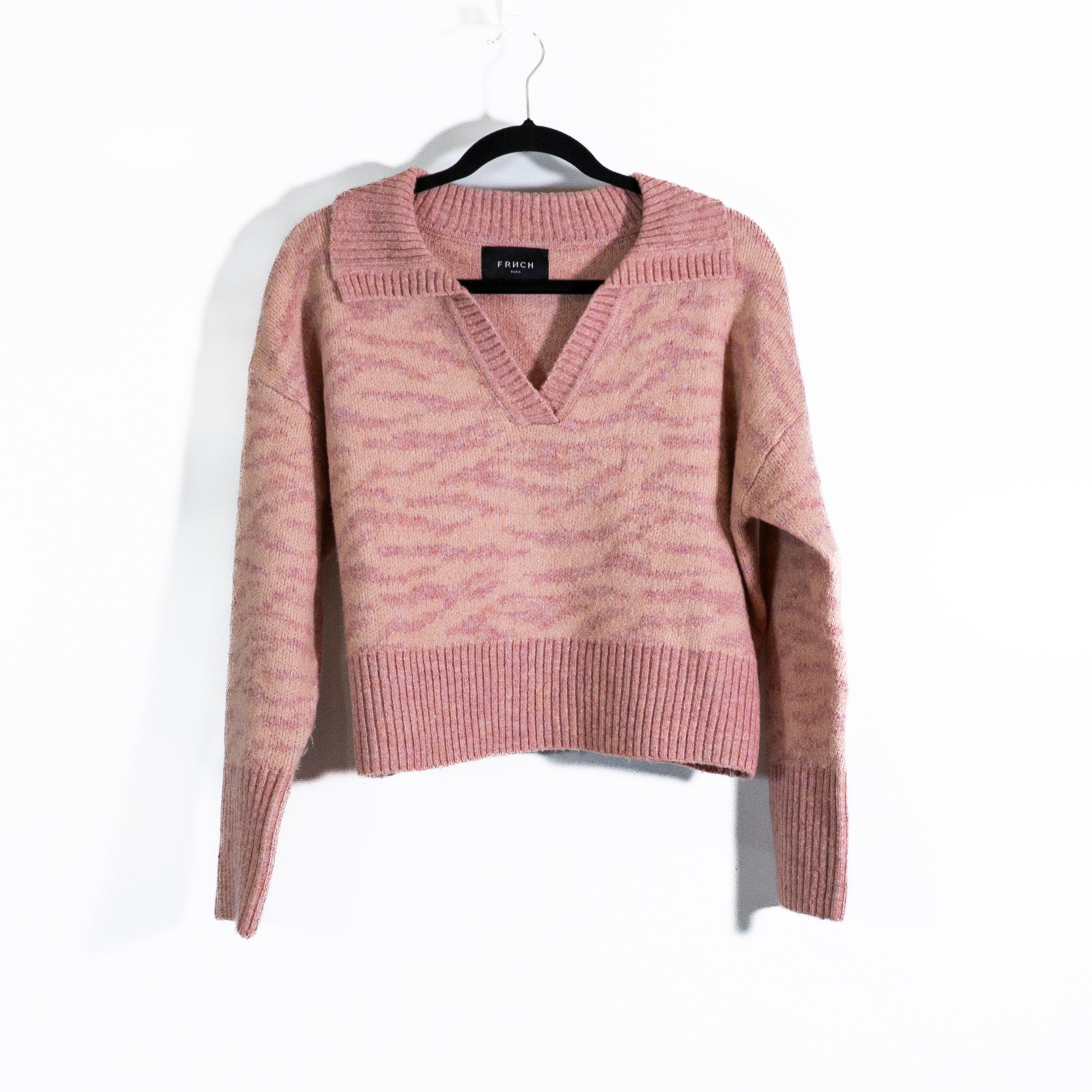 FRNCH Rosalie Fuzzy Knit Stretch V Neck Spread Collar Pullover Sweater Pink S