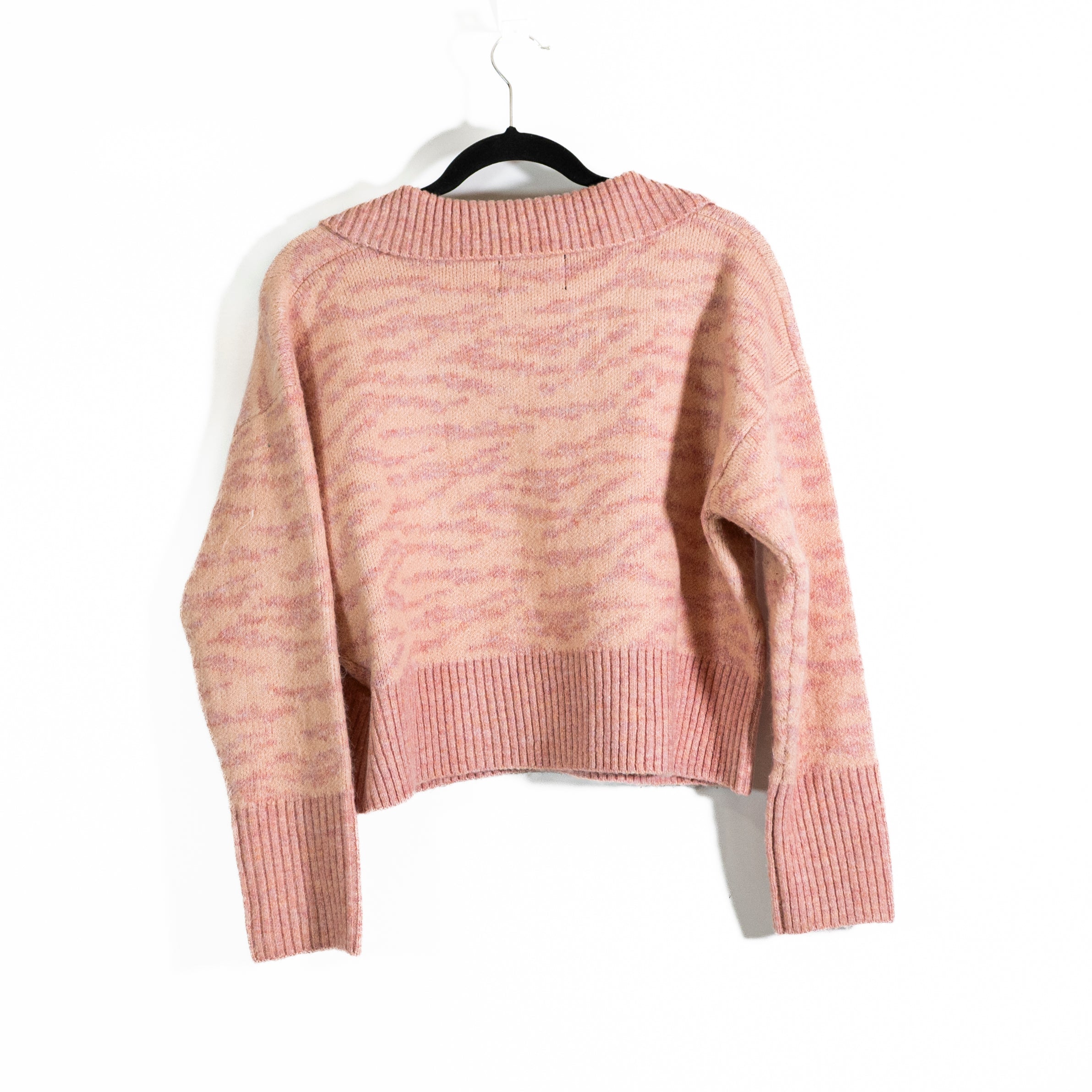 FRNCH Rosalie Fuzzy Knit Stretch V Neck Spread Collar Pullover Sweater Pink S