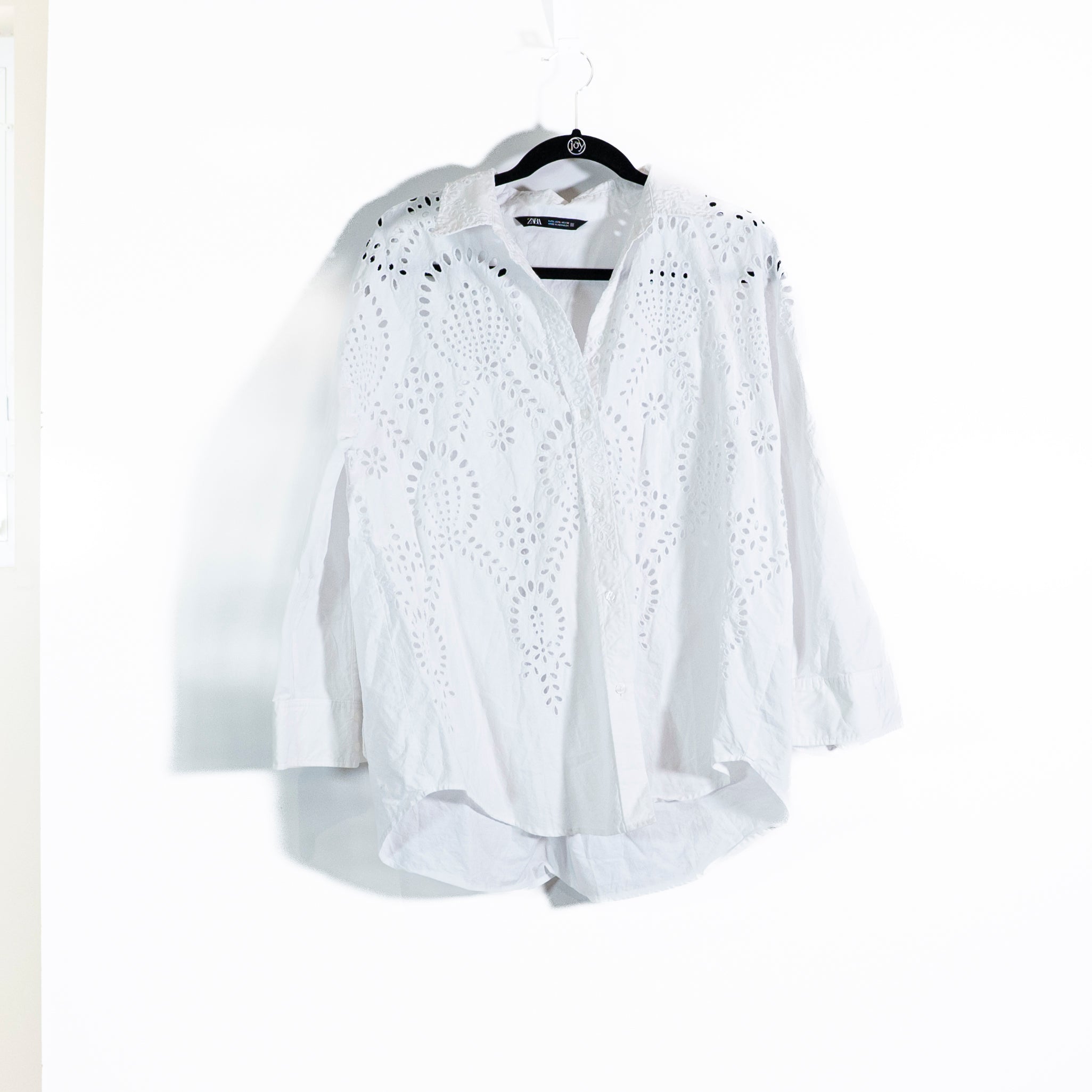 Zara Cotton Poplin Eyelet Lace Cut Out Collared Button Down Blouse White Large