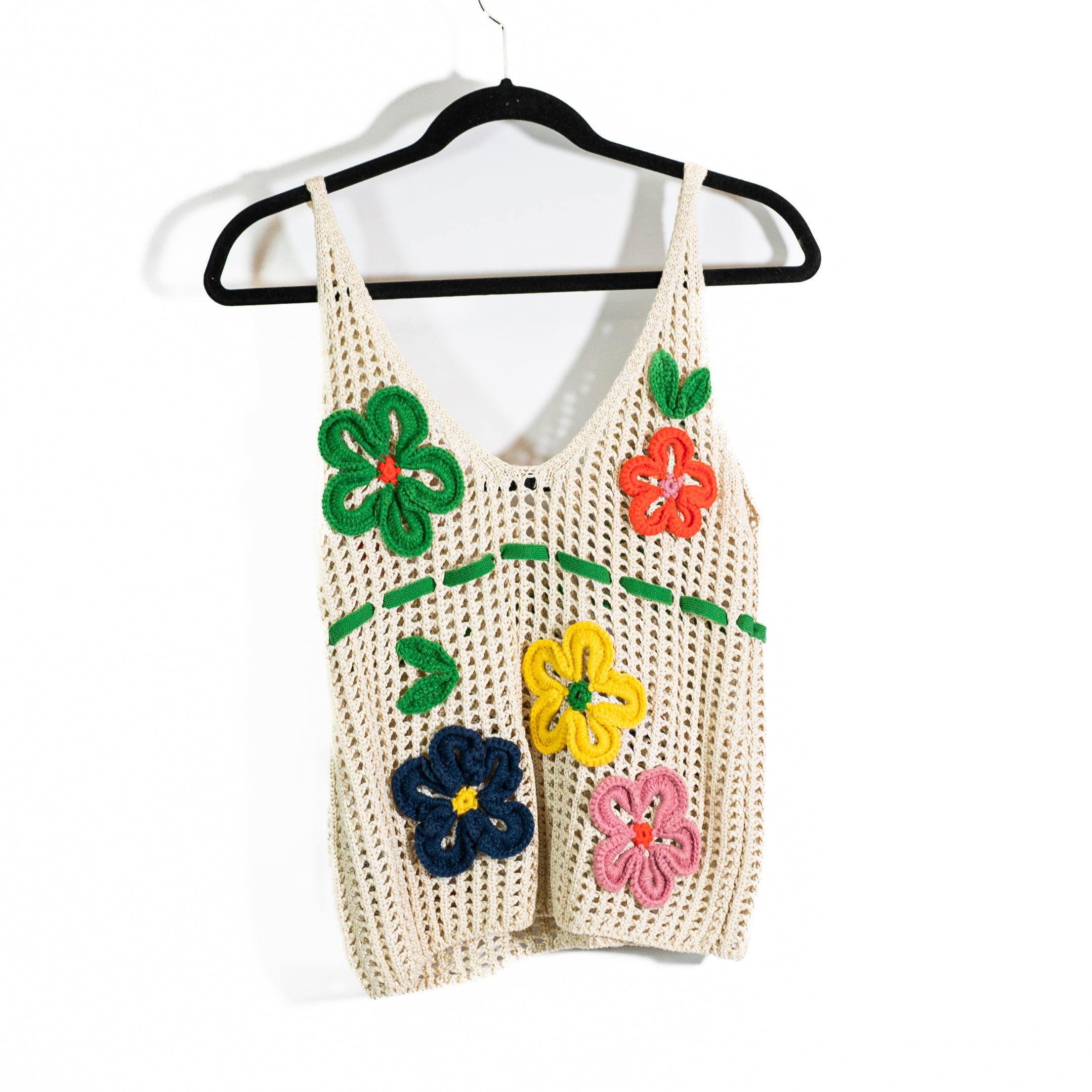 Zara Crochet Knit Floral Flower Embroidered Applique Sleeveless Tank Top Medium