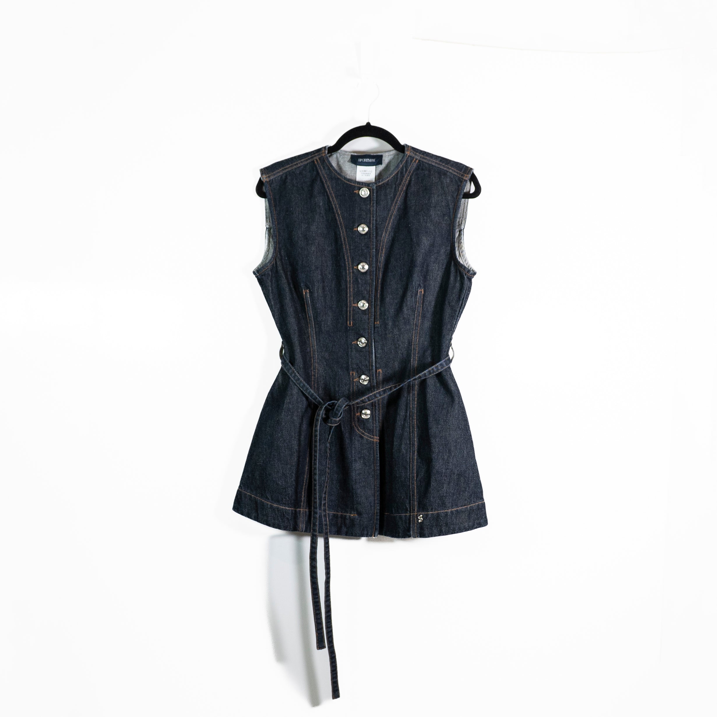 NEW Sportmax Sleeveless Cotton Denim Jean Button Front Belted Top Midnight Blue