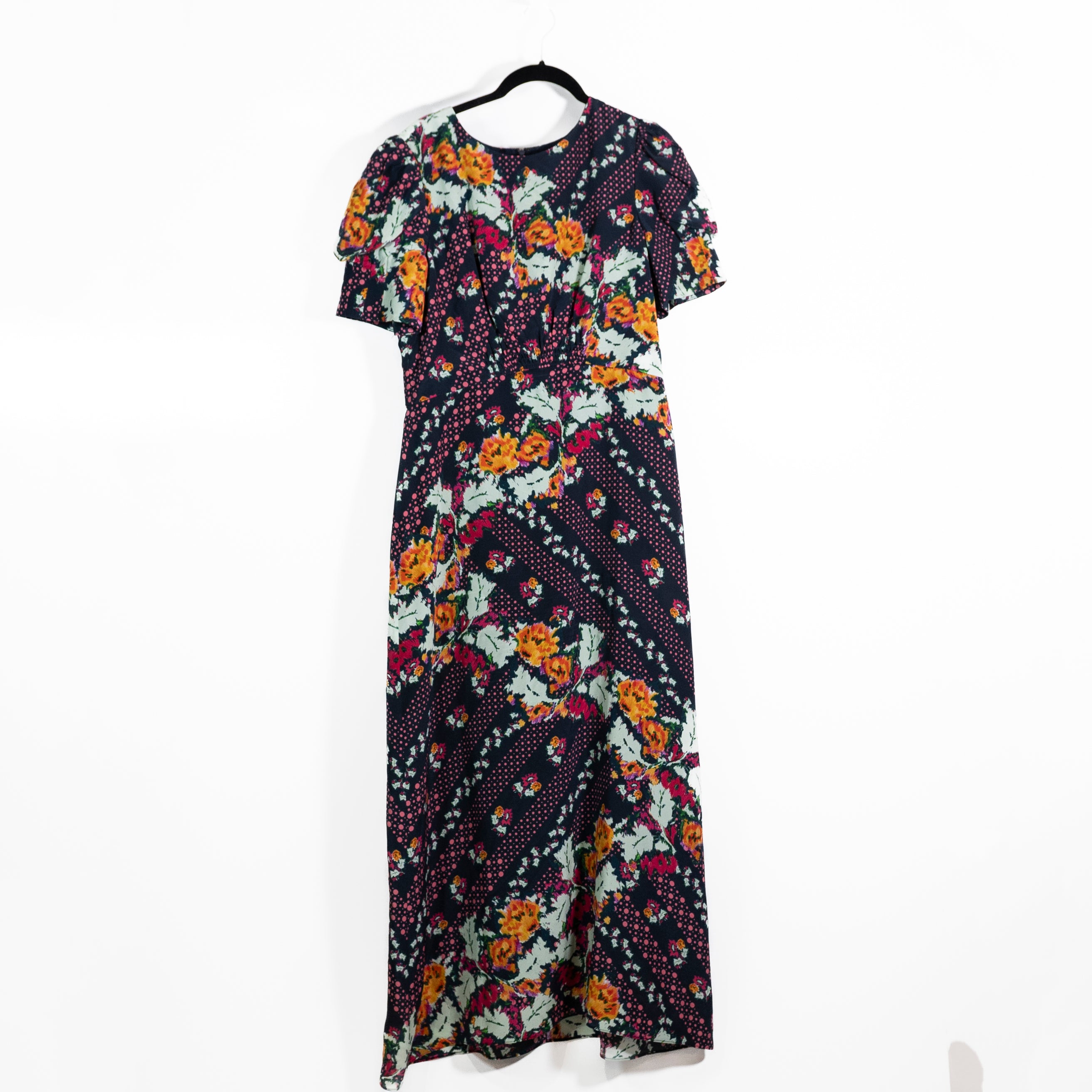 Saloni Bianca Silk Chiffon Mix Print Pattern Cap Short Sleeve Midi Dress 8