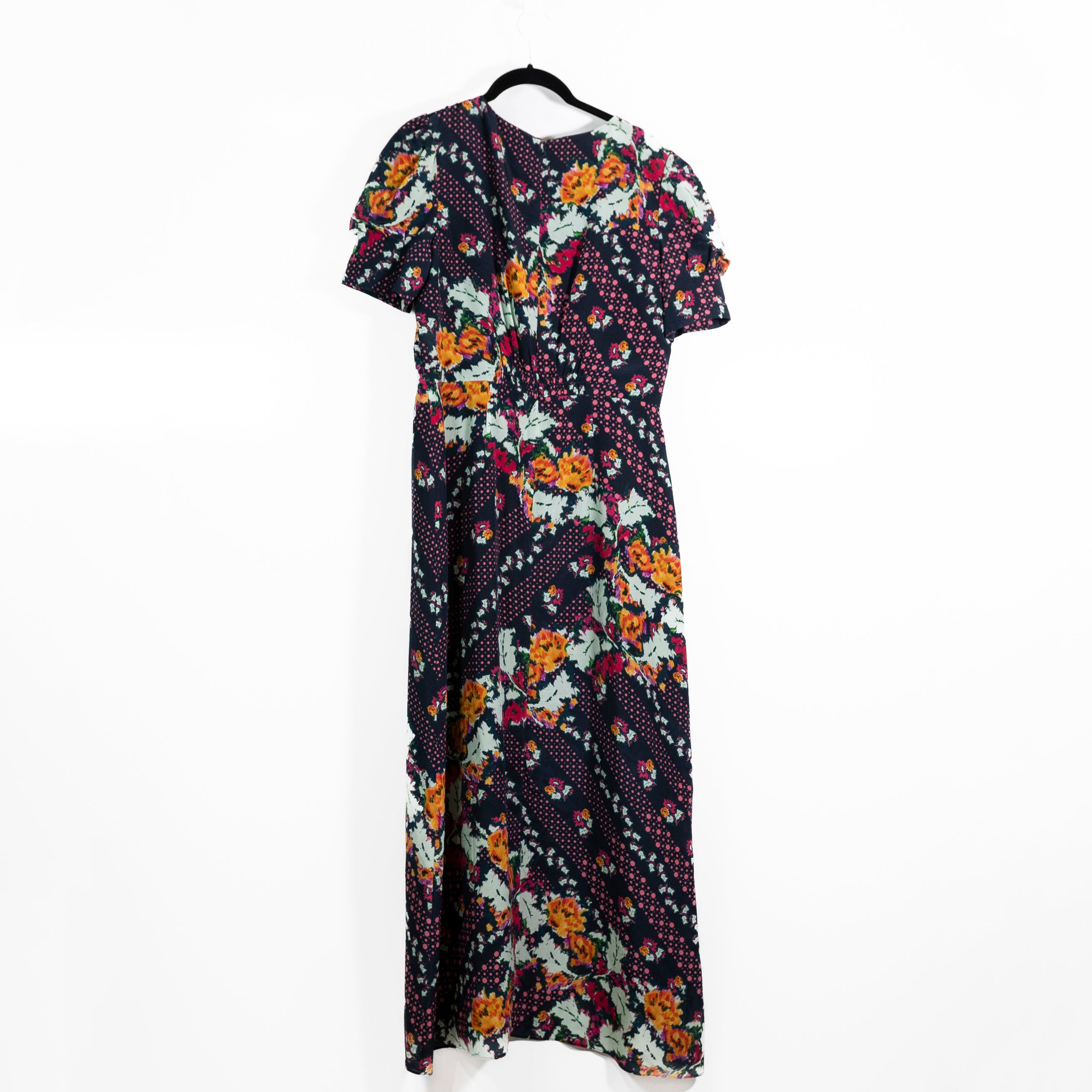Saloni Bianca Silk Chiffon Mix Print Pattern Cap Short Sleeve Midi Dress 8