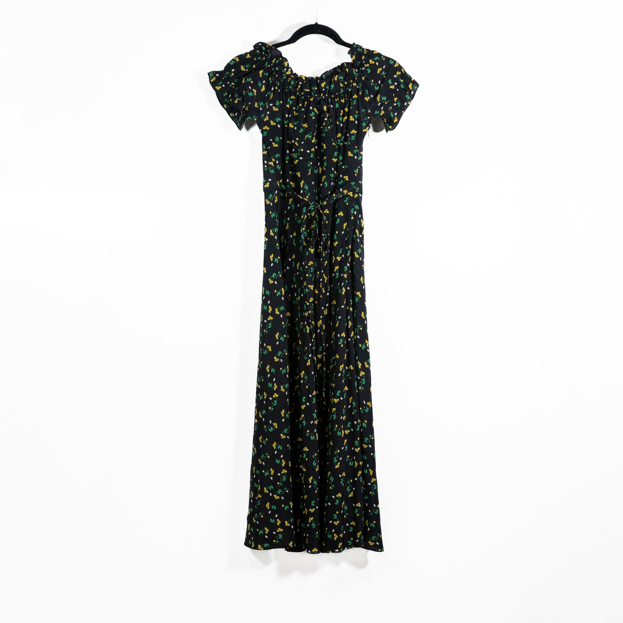Rixo Silk Chiffon Green Yellow Floral Flower Print Pattern Midi Dress Small