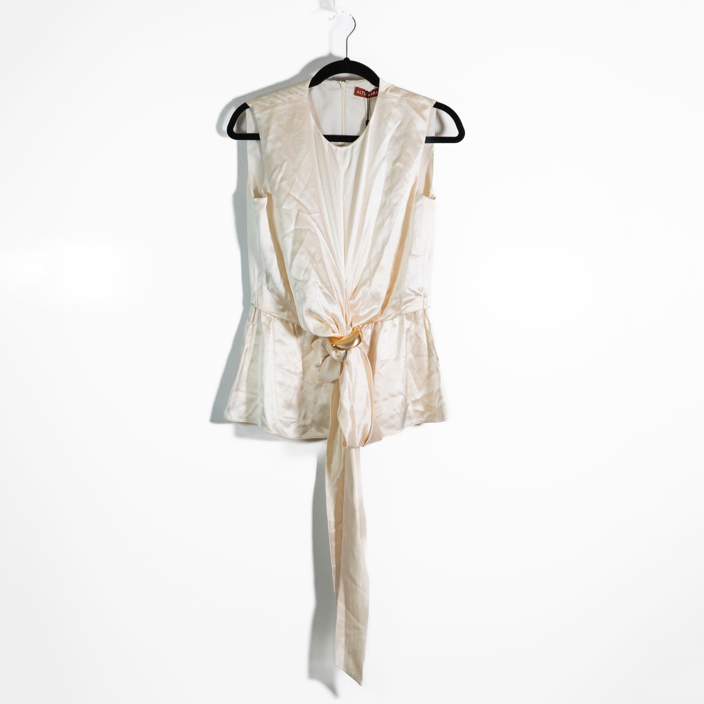 NEW Altuzarra Tizzy Gathered Belted Silk Satin Sleeveless Top Blouse Tapioca 0
