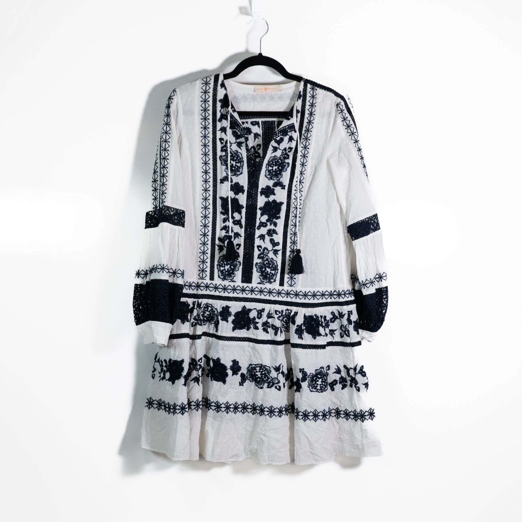 Tory Burch Jasmine Cotton Floral Embroidered Pull Over Mini Tunic Dress White 2