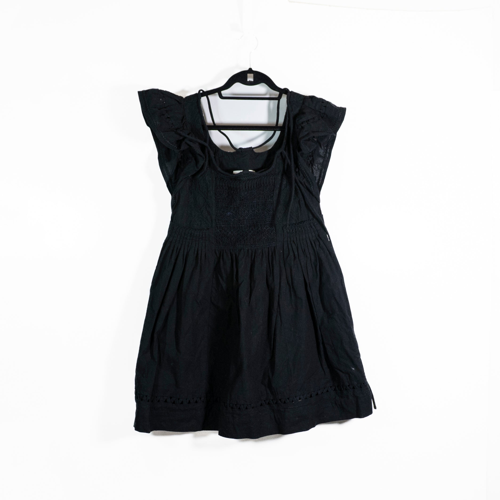 Sea New York Cotton Pin Tuck Pleated Ruffle Short Sleeve Mini Dress Black XXS