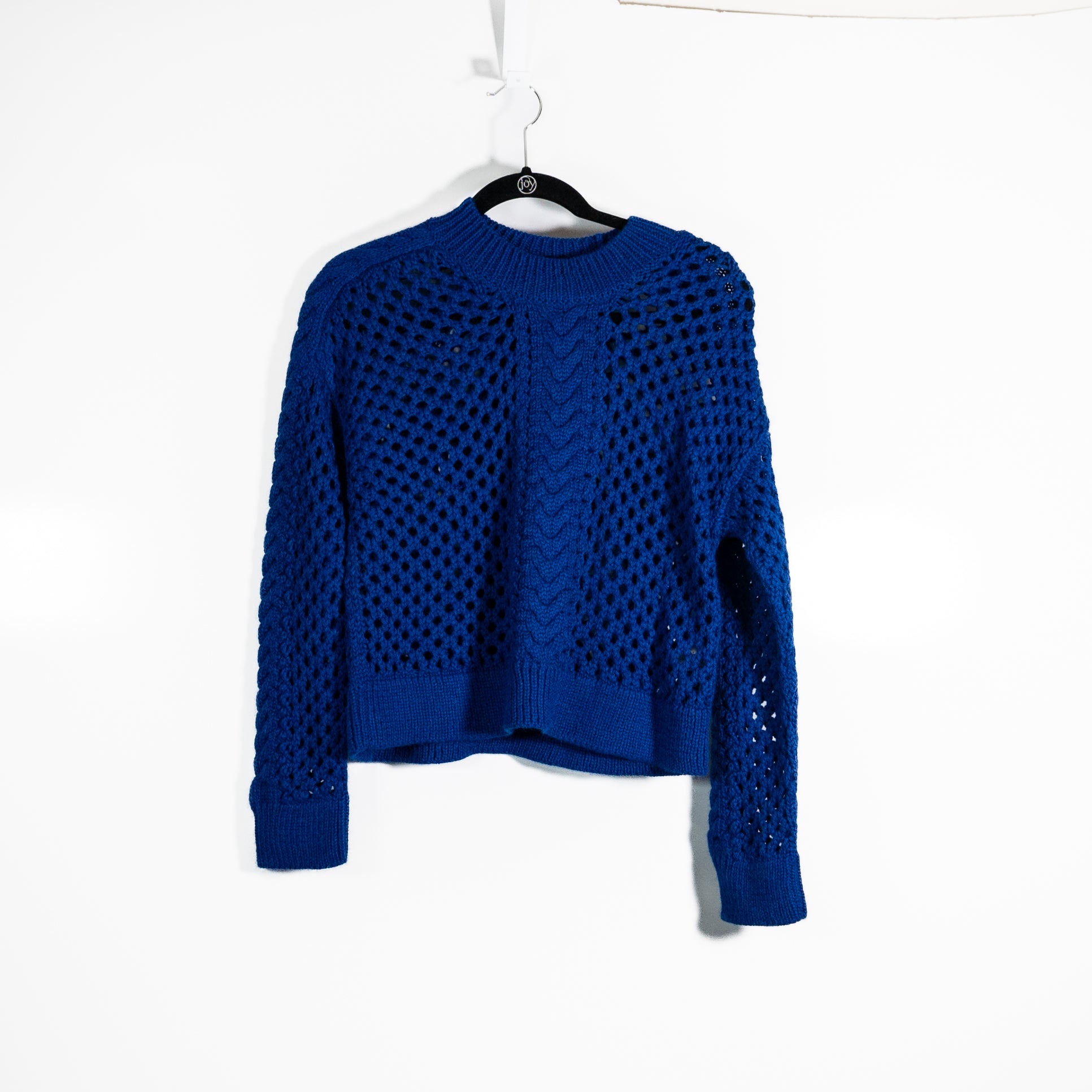 Atelier Delphine Baby Alpaca Loose Crochet Knit Crew Neck Pullover Sweater Blue