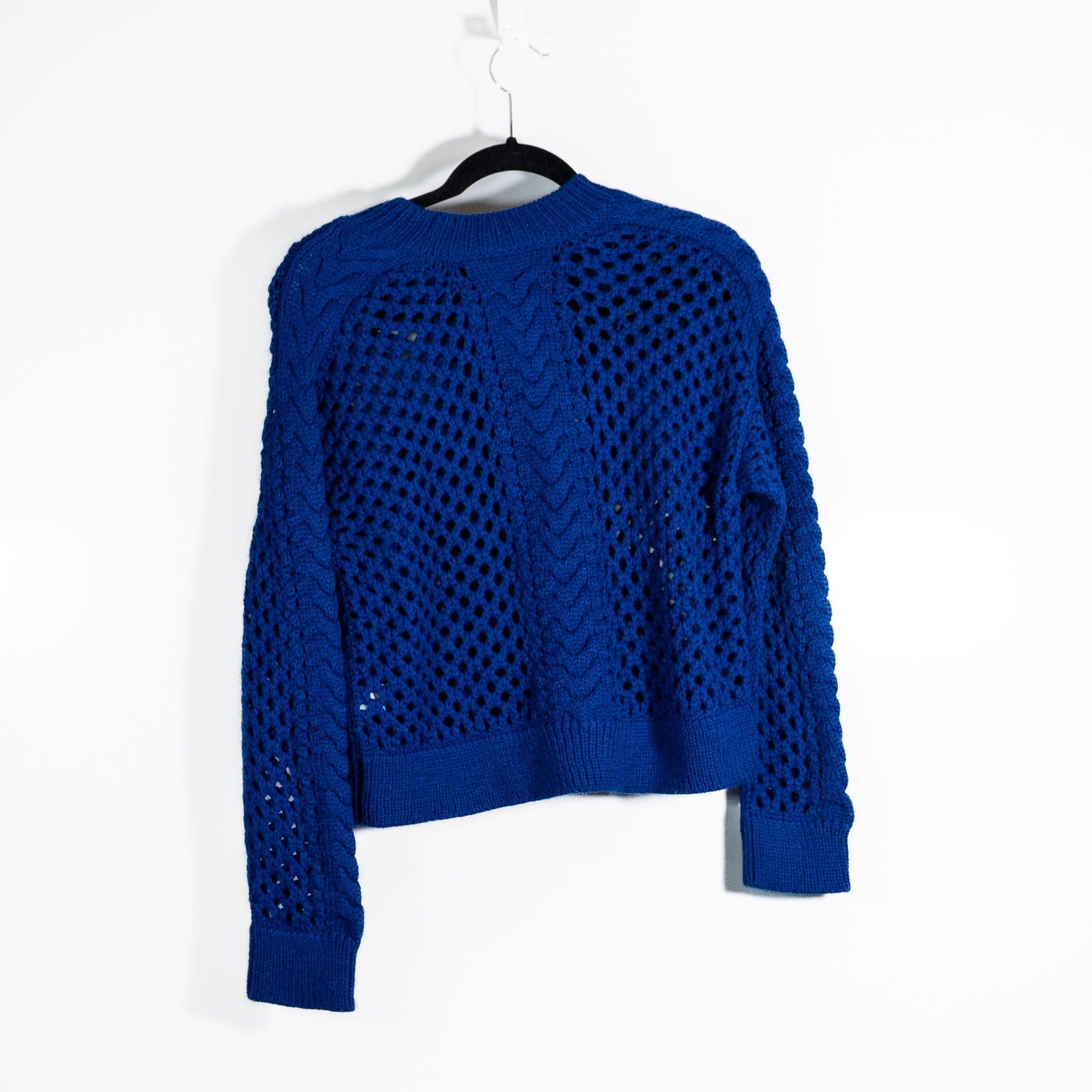 Atelier Delphine Baby Alpaca Loose Crochet Knit Crew Neck Pullover Sweater Blue