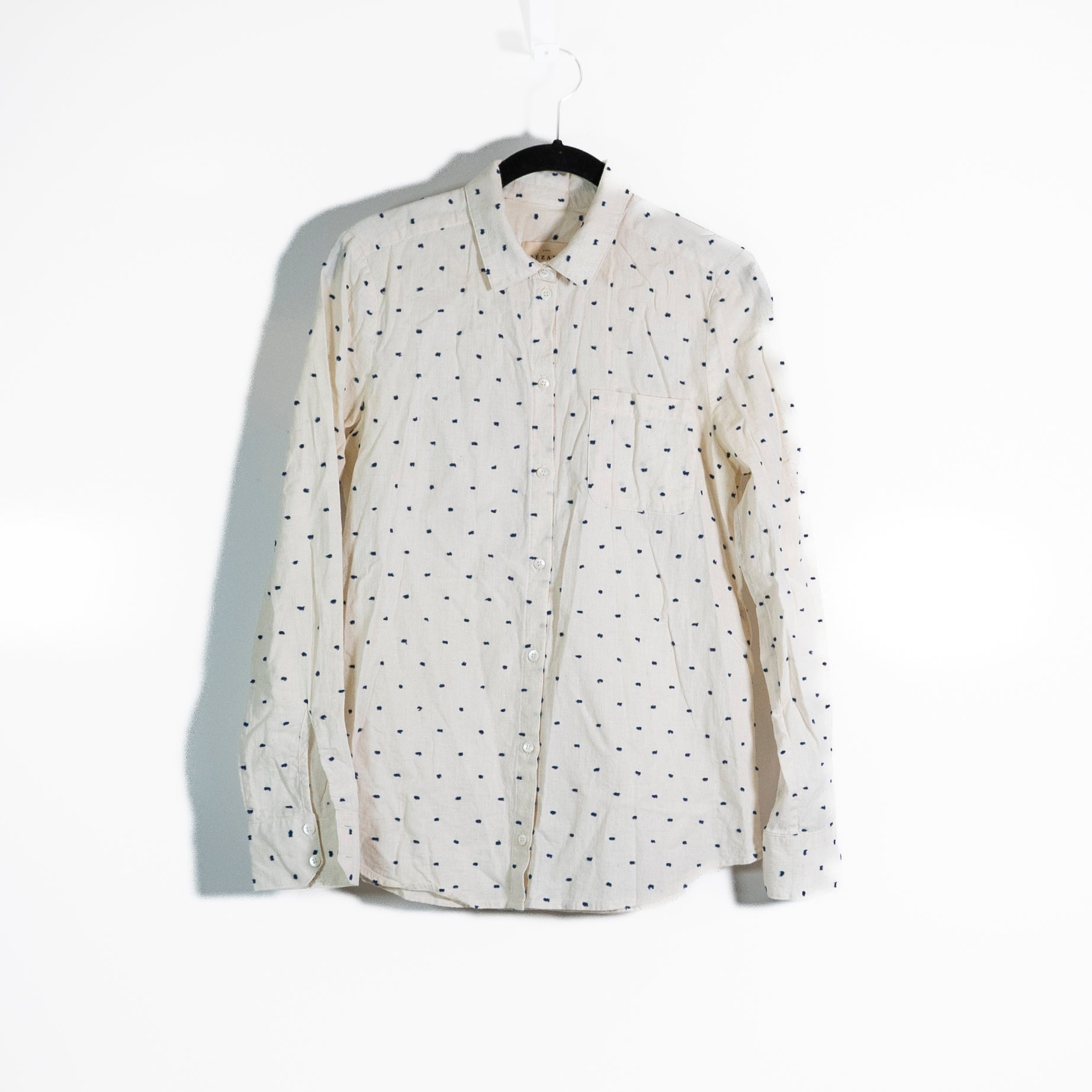 Sezane Tomboy Cotton Collared Linen Button Down Shirt Blue Swiss Dot Small