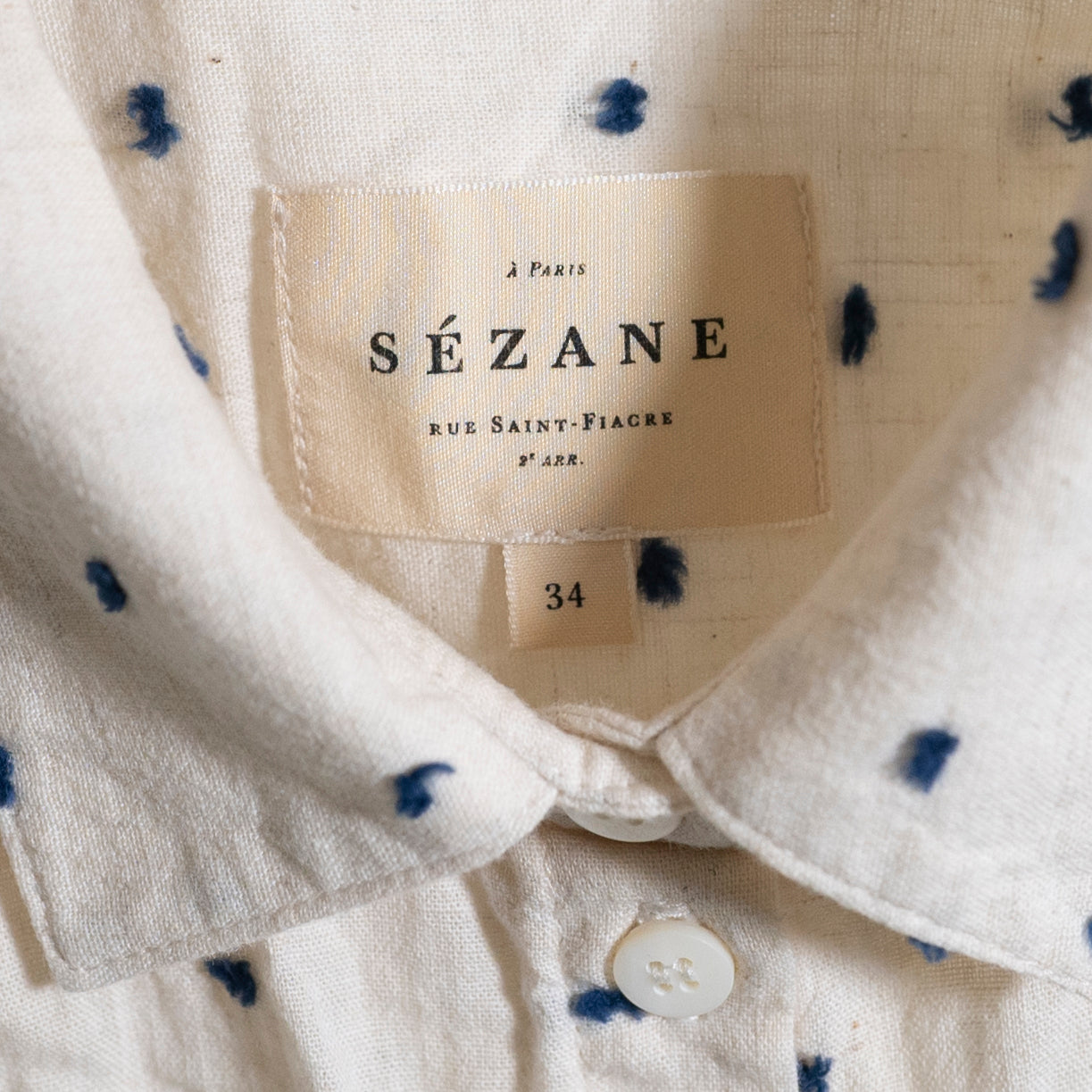 Sezane Tomboy Cotton Collared Linen Button Down Shirt Blue Swiss Dot Small