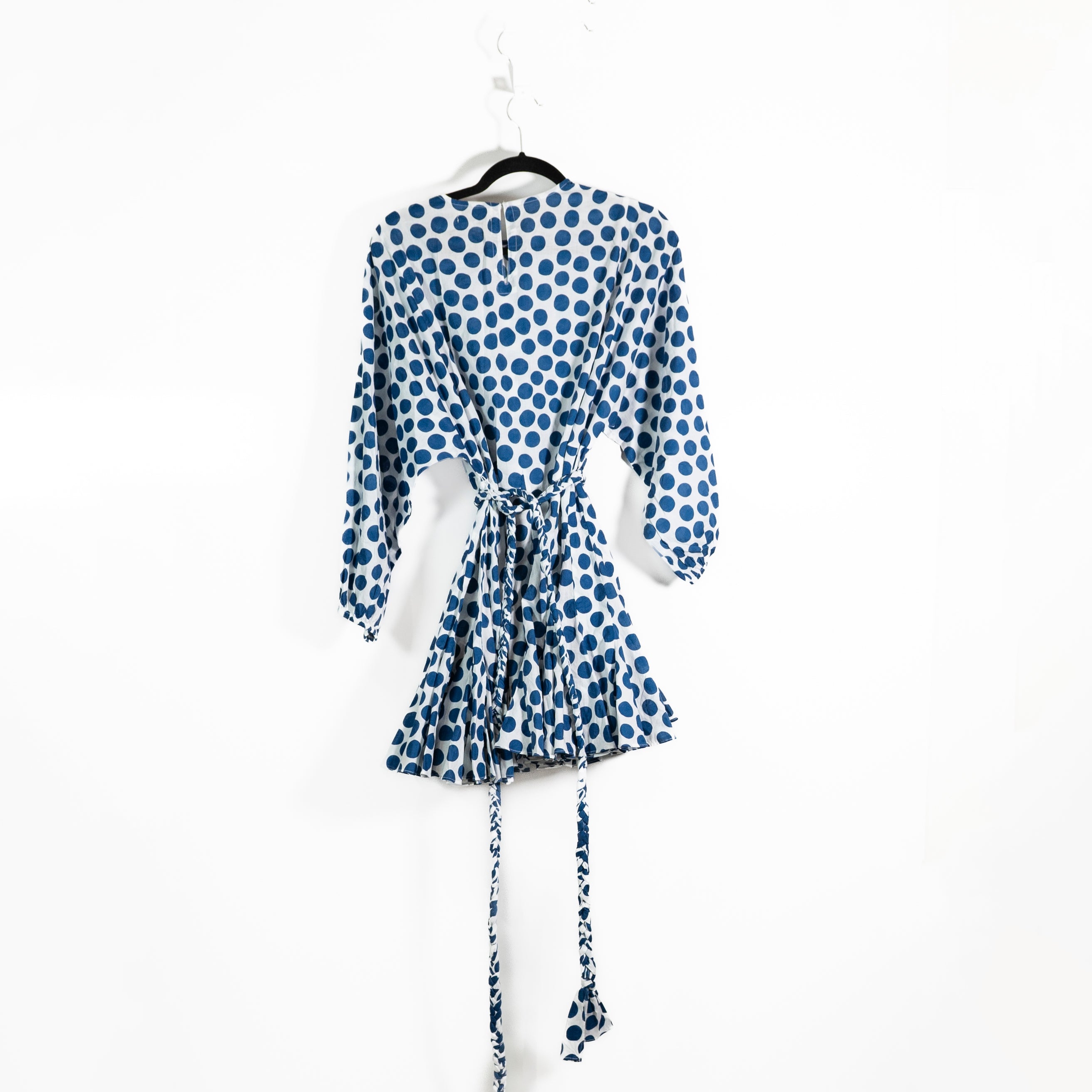 Rhode Ella Cotton Braided Belt Fit Flare Minidress Blue White Polka Dot Print S