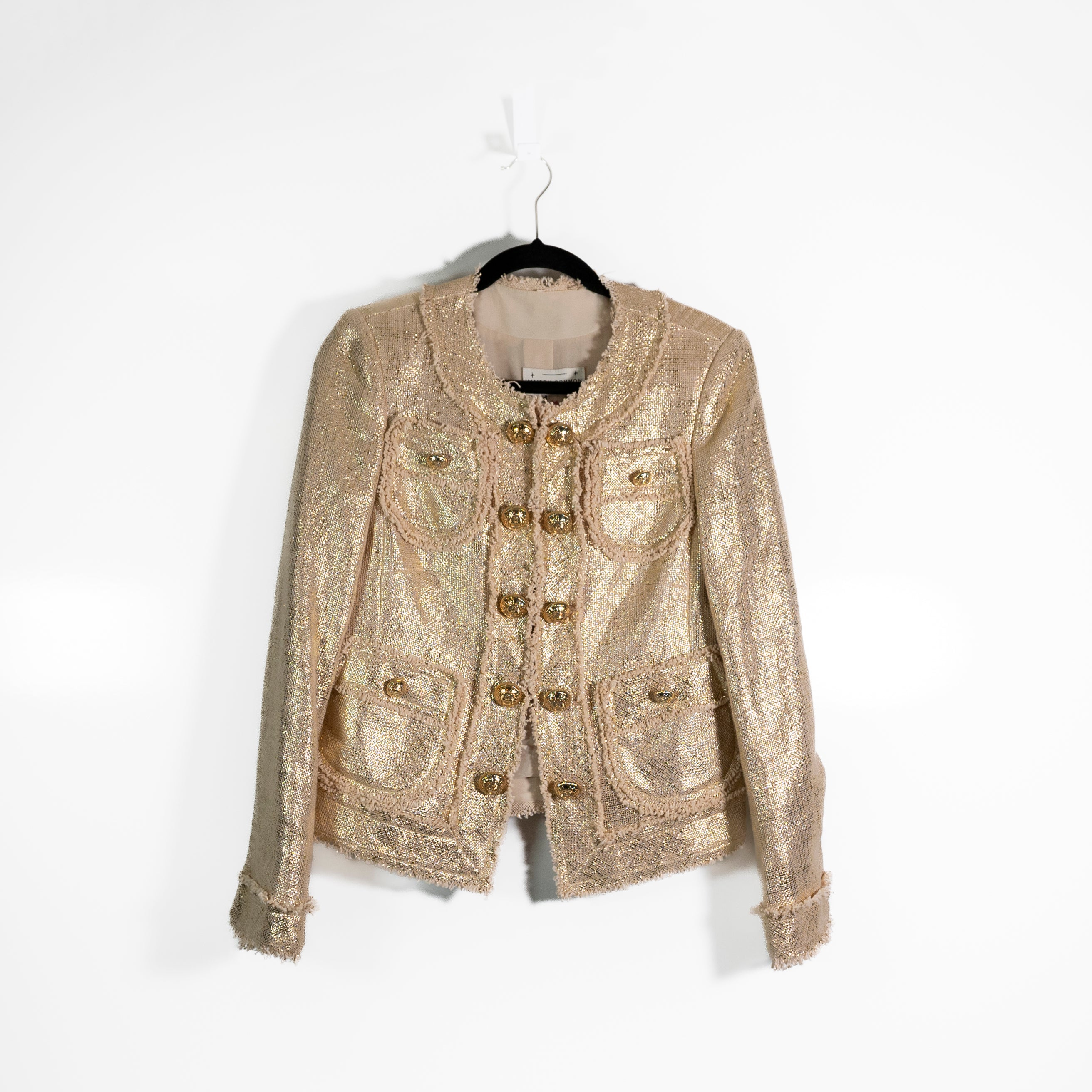 NEW Maison Common Women's Signature Cotton Woven Tweed Jacket Blazer Gold Small