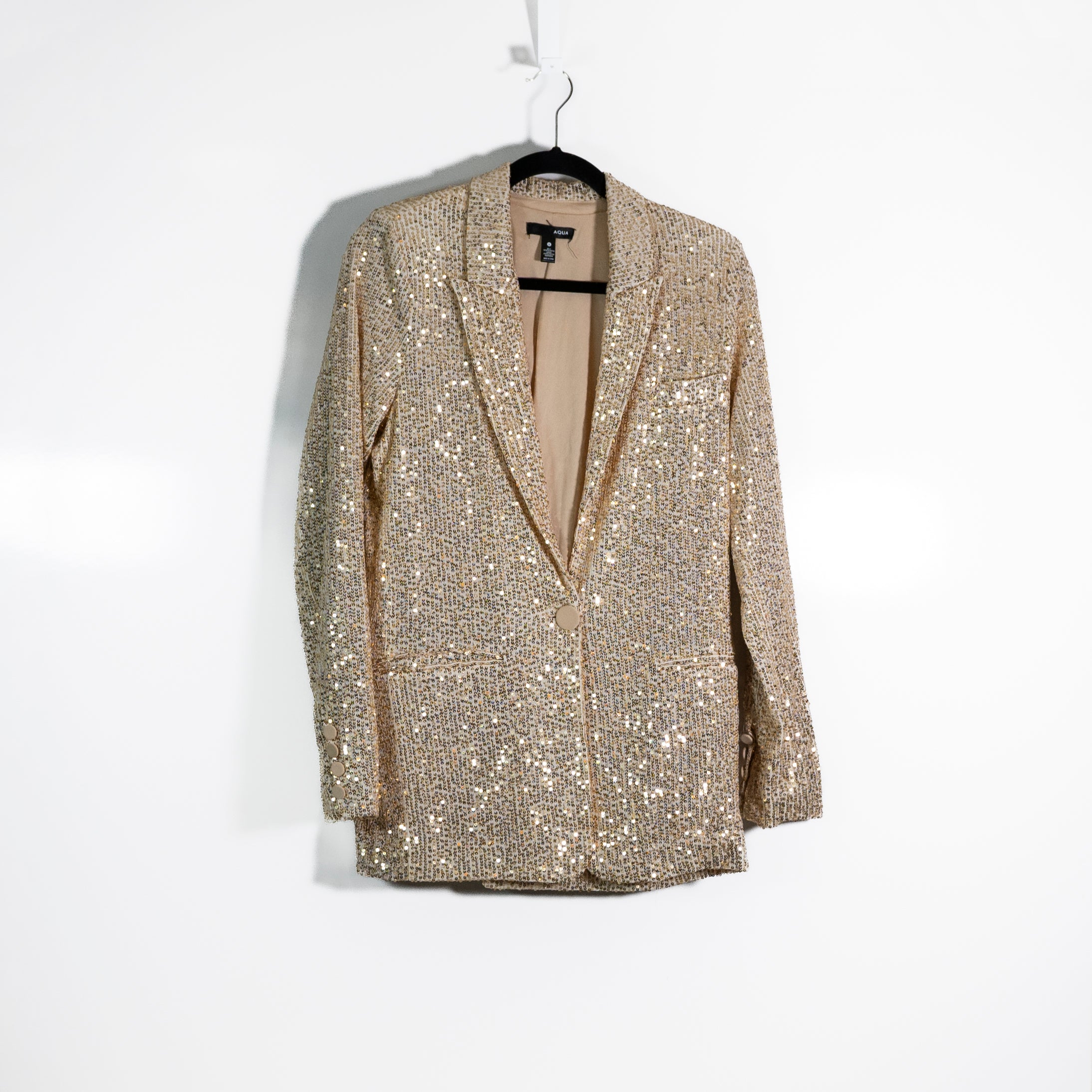 NEW Aqua Allover Sequin Sparkle Embellished Suit Jacket Blazer Champagne Gold S
