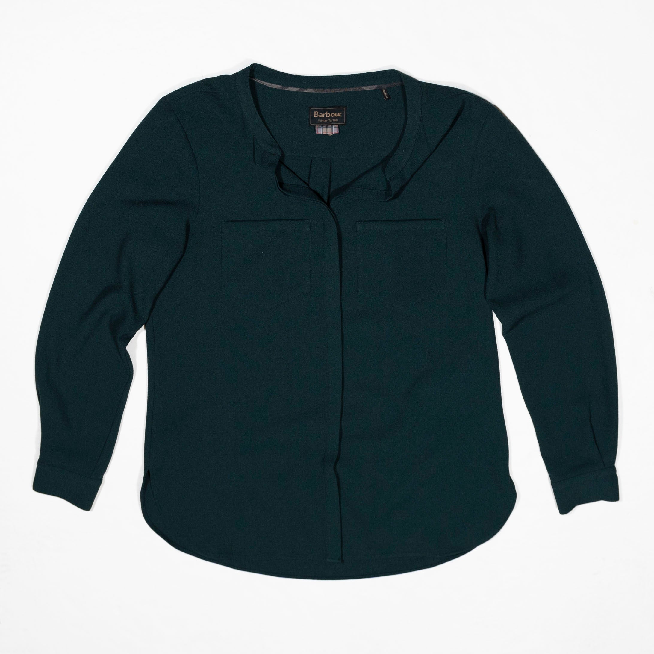 Barbour Galloway Collarless Button Down Crepe Stretch Long Sleeve Blouse Shirt